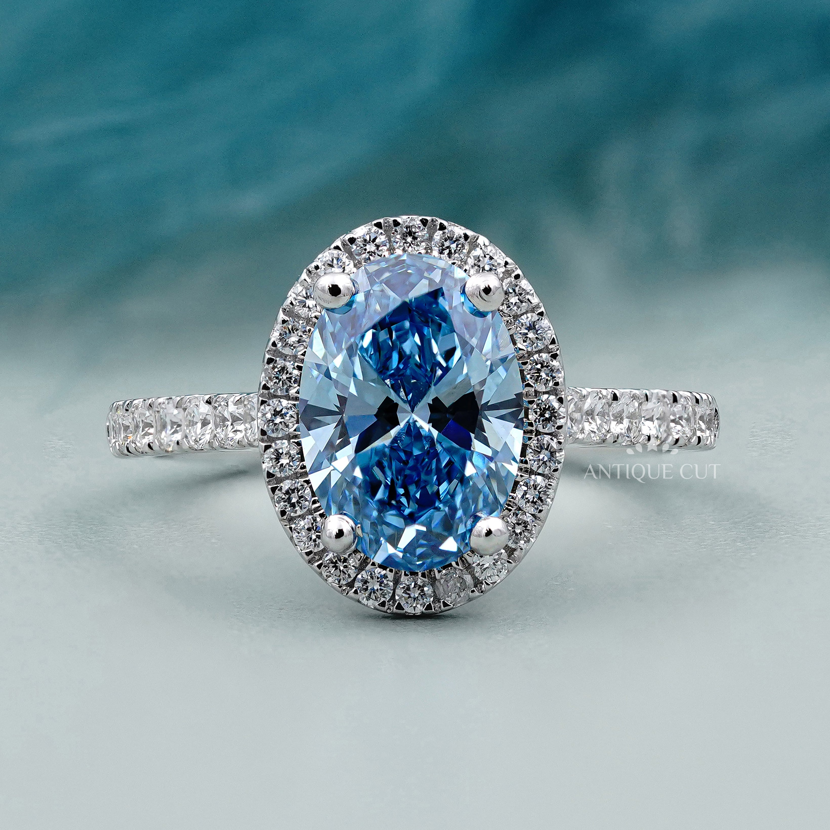 Fancy Blue Diamond Ring oval halo engagement pave band