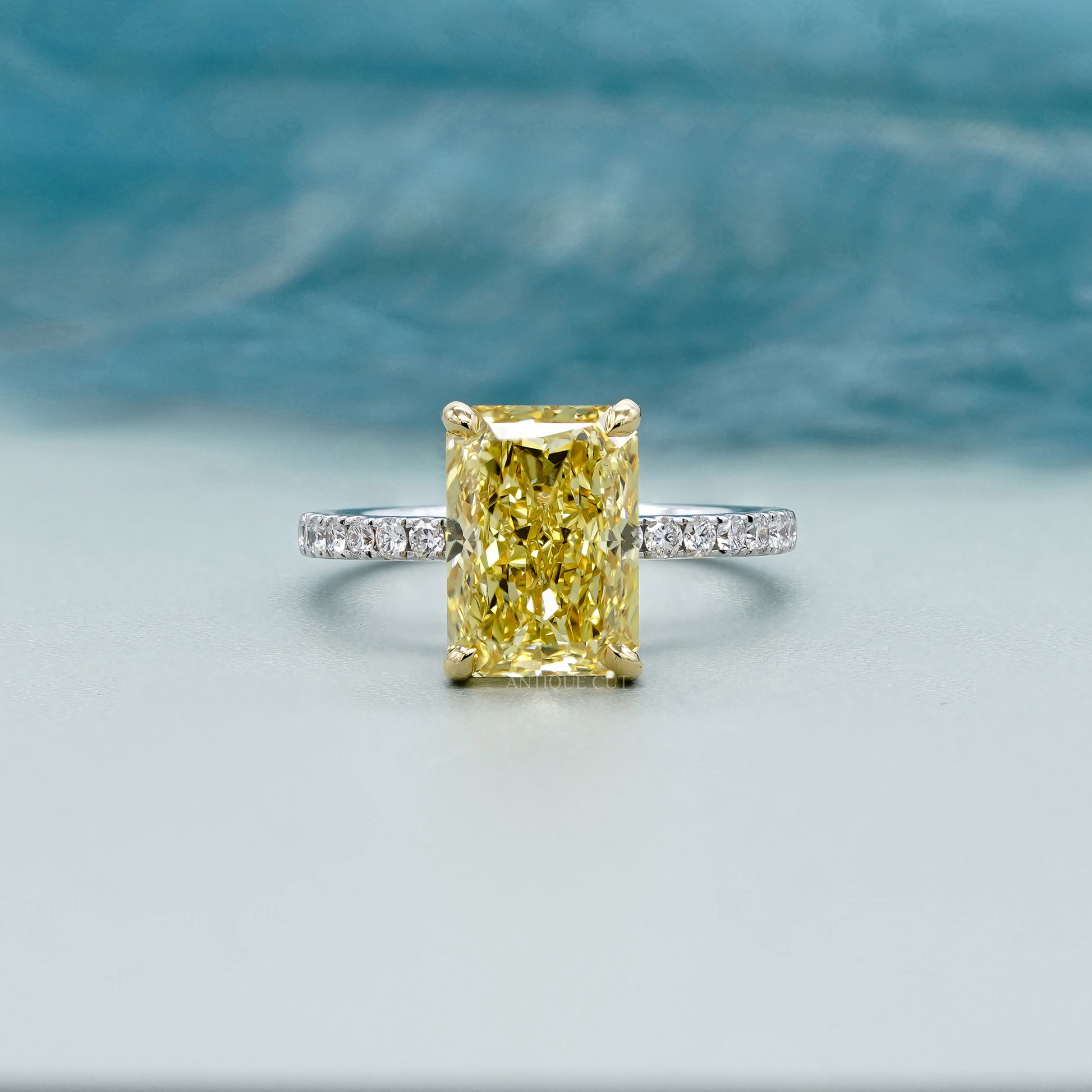 Fancy Yellow 4.40tcw Radiant Lab Diamond Engagement Ring | IGI Certified | White Gold Pave Band