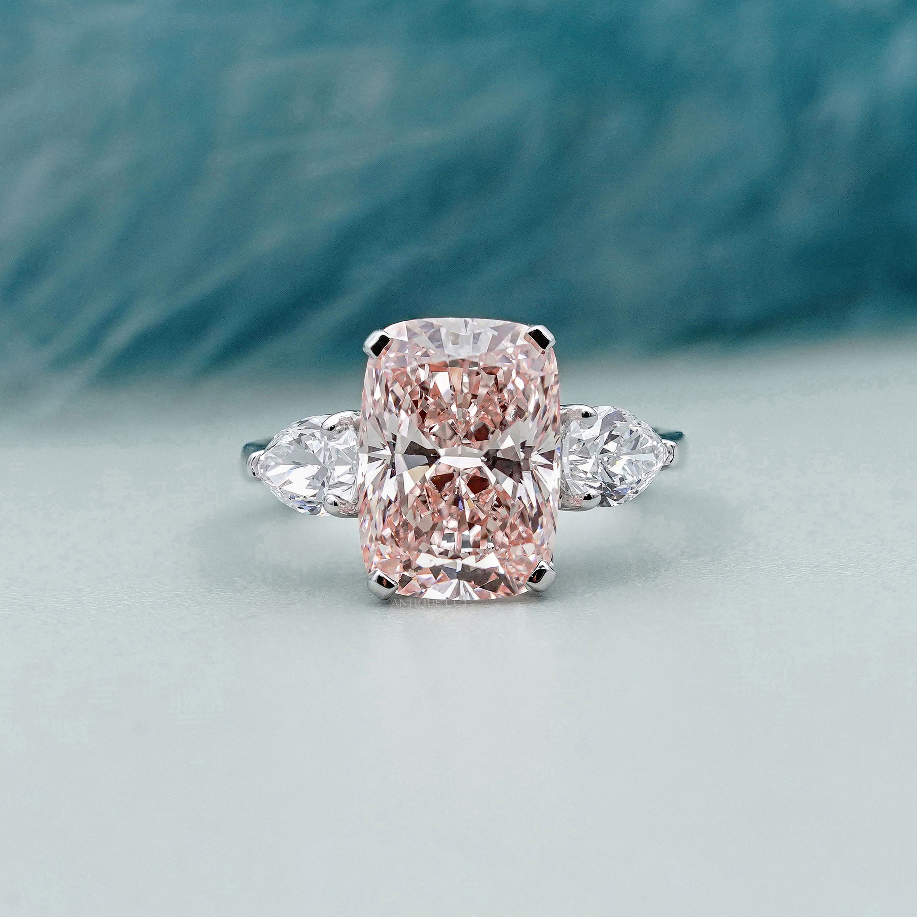 Fancy Pink Cushion 5.30tcw Lab Diamond Engagement Ring | Three Stone | IGI Certified