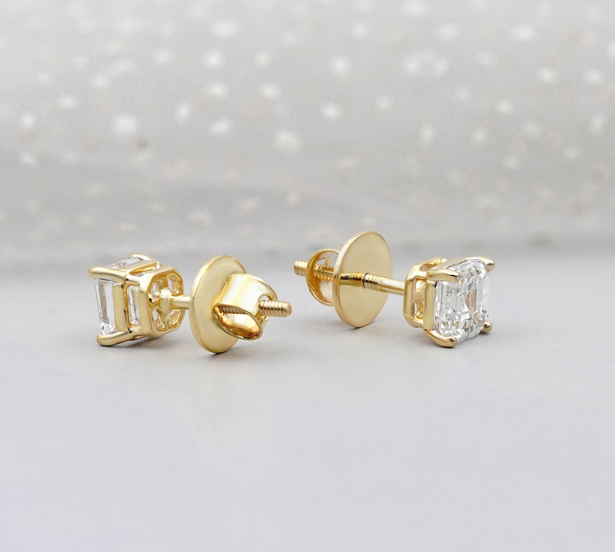 Asscher Cut Diamond Stud Earrings with screw back earring option