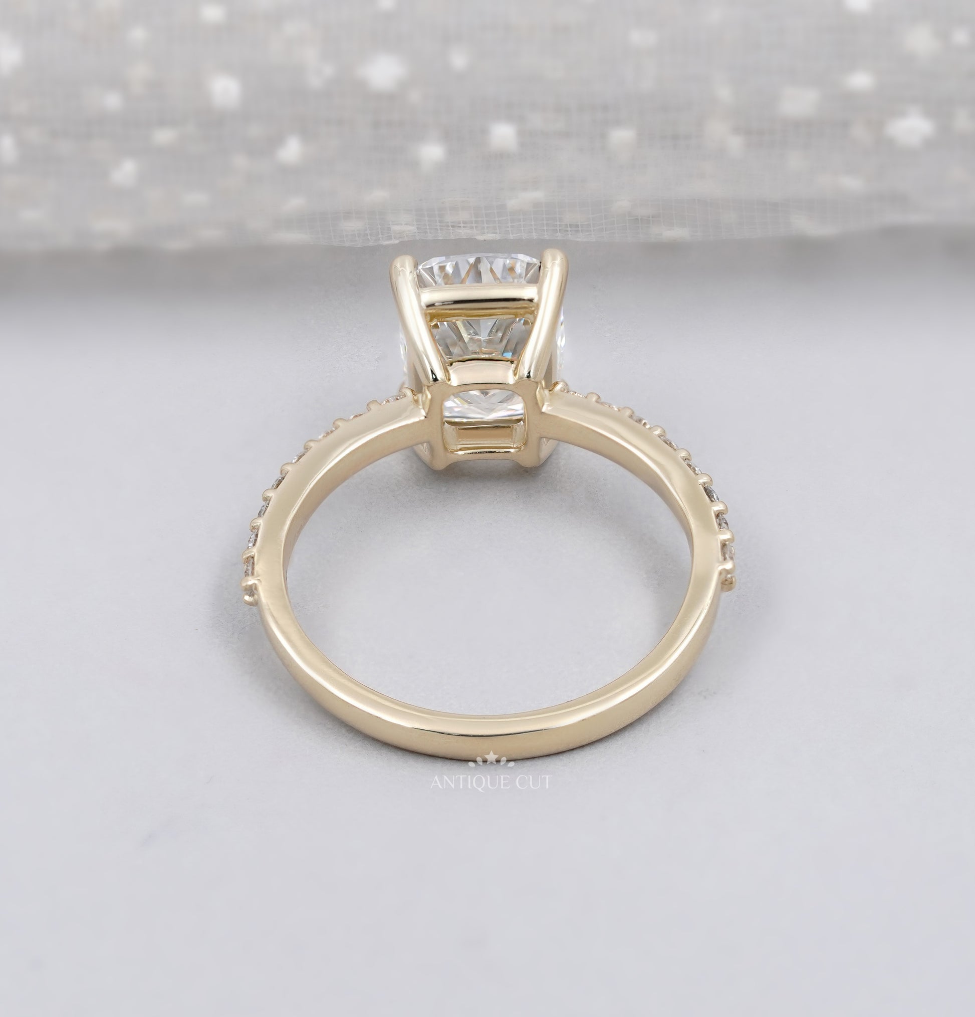 Cushion Cut Diamond Ring with Pave Band
