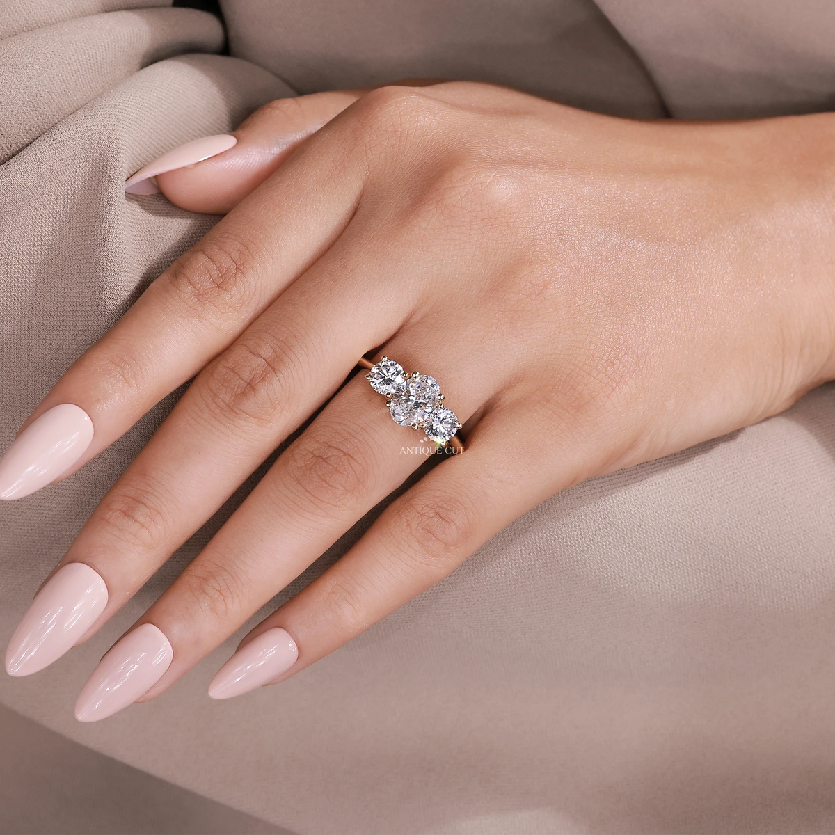1.50 Carat Lab Grown Oval Cut Center Diamond & Two Round Side Stones With Trellis Gallery Setting
