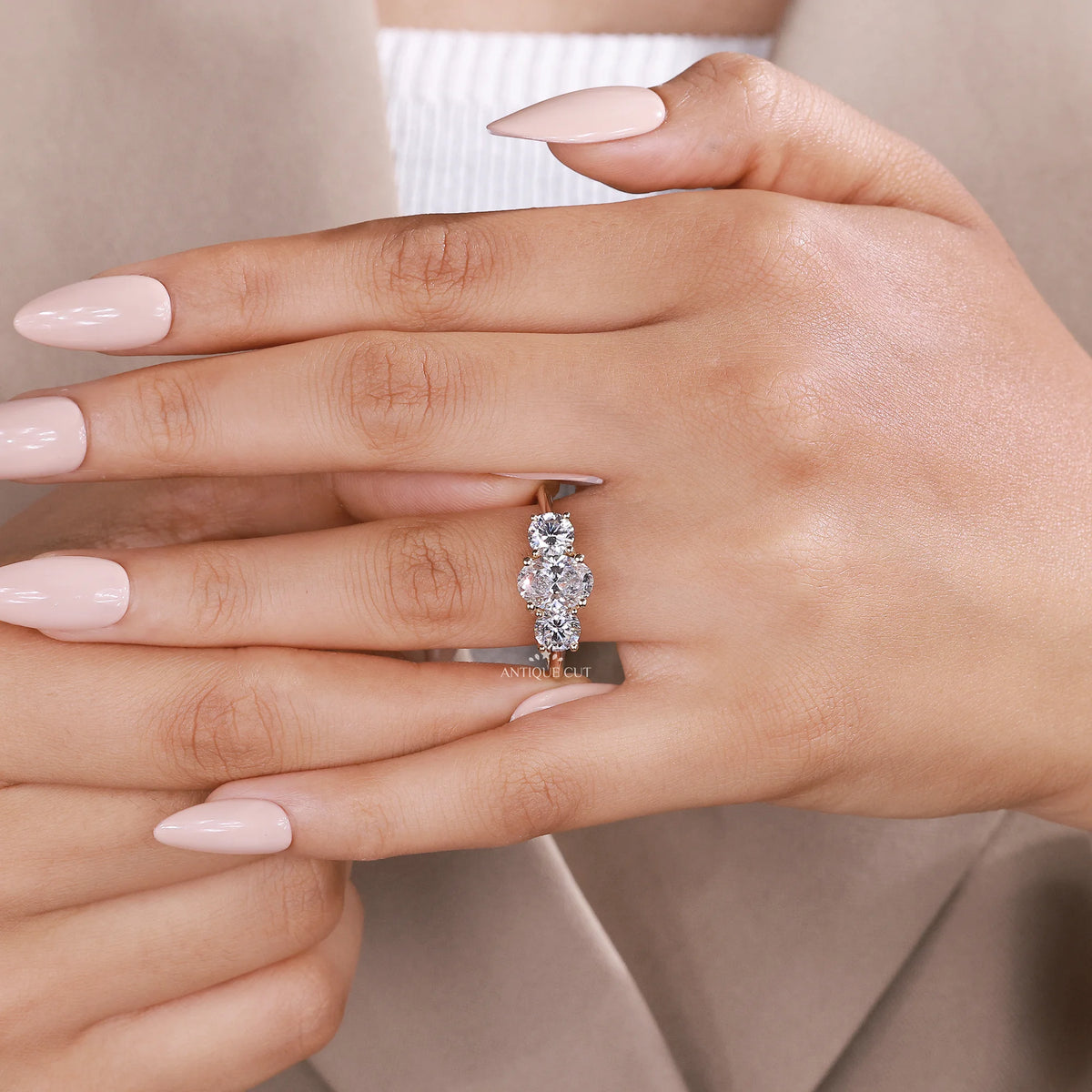 1.50 Carat Lab Grown Oval Cut Center Diamond & Two Round Side Stones With Trellis Gallery Setting