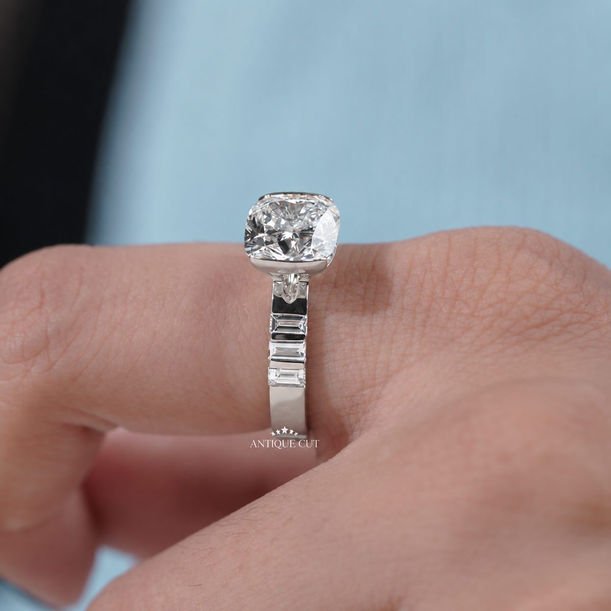 4.0 Carat Lab Grown Diamond East West Cushion Cut Half Bezel Engagement Ring