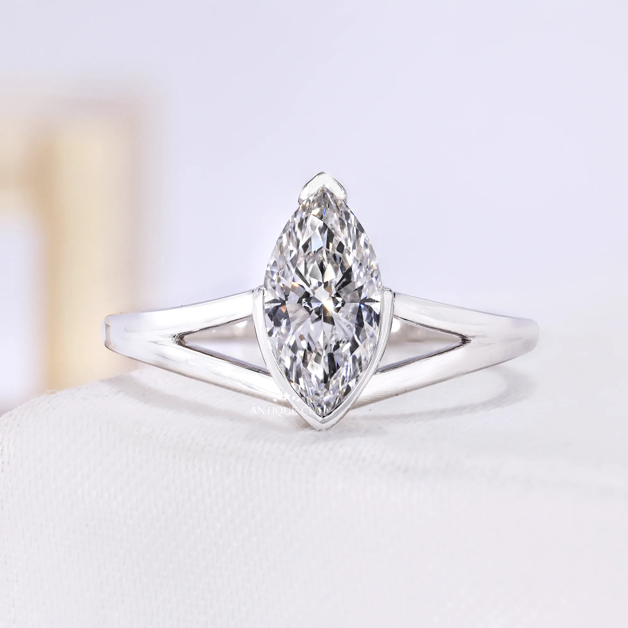 1.00 Carat Marquise Solitaire Engagement Ring With Split Shank Half Bezel Setting | IGI Certified