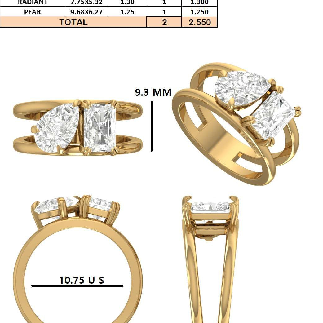 Custom Order - Radiant Pear Toi et Moi Ring | 14kt Yellow Gold | 10.75 US
