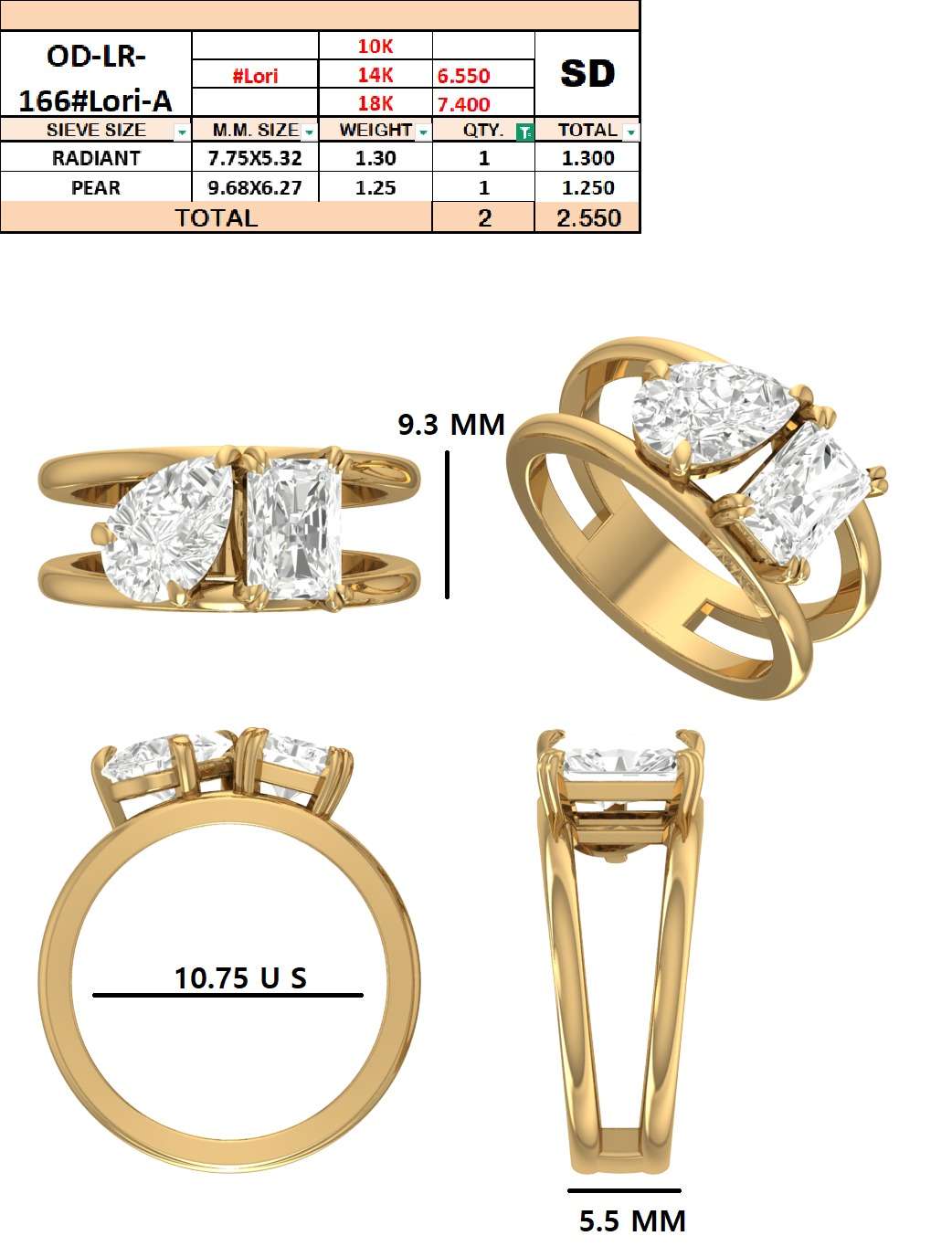 Custom Order - Radiant Pear Toi et Moi Ring | 14kt Yellow Gold | 10.75 US
