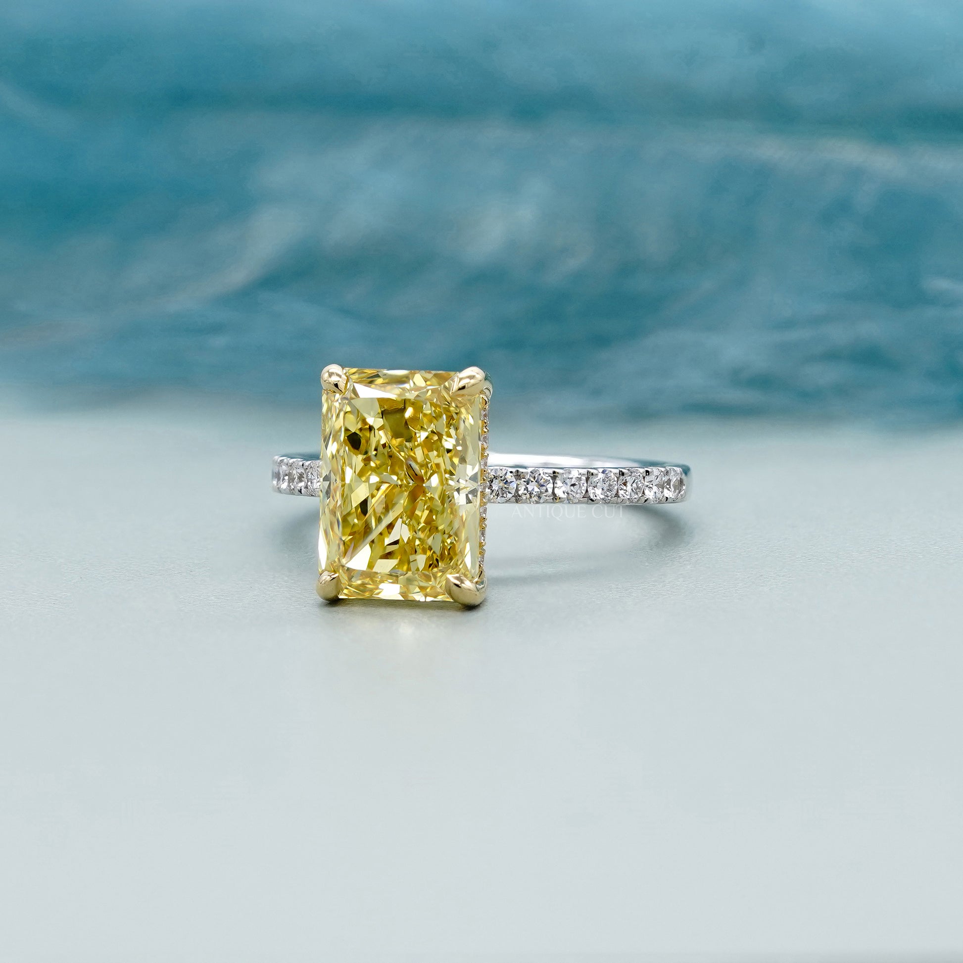 Fancy Yellow 4.40tcw Radiant Lab Diamond Engagement Ring | IGI Certified | White Gold Pave Band