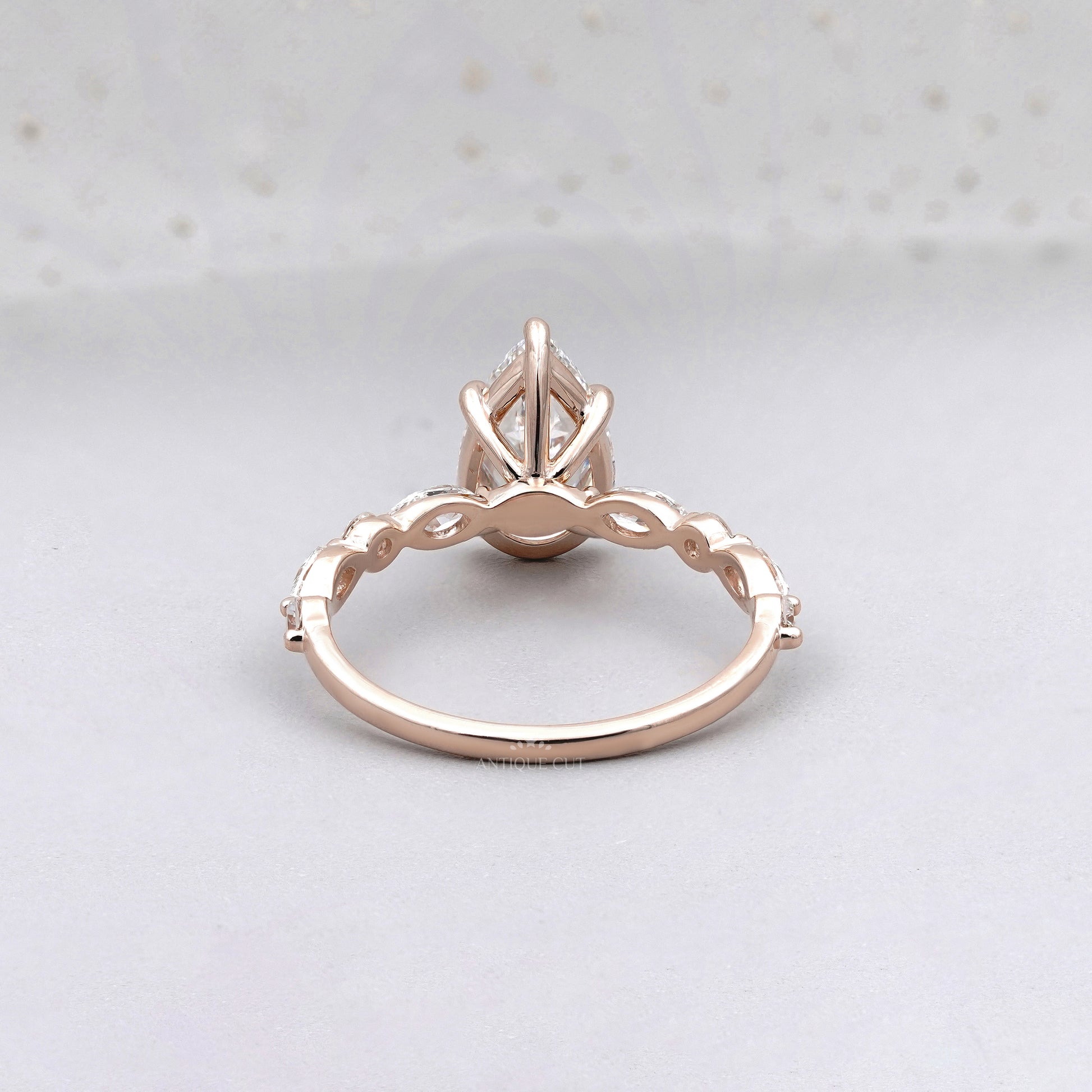 Pear 3.34tcw Lab Grown Diamond Vintage Engagement Ring | Marquise Side Stone Band | D–F Color | VVS–VS Clarity | IGI Certified