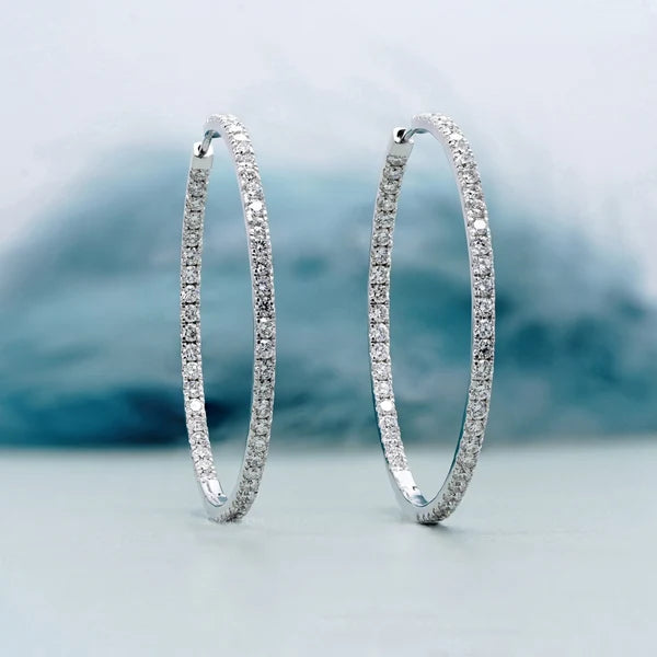 2.50tcw Diamond Hoop Earrings | Large 14K Gold Inside Outside Hoops | Sparkling Round Diamond Hoops | Gift for Her