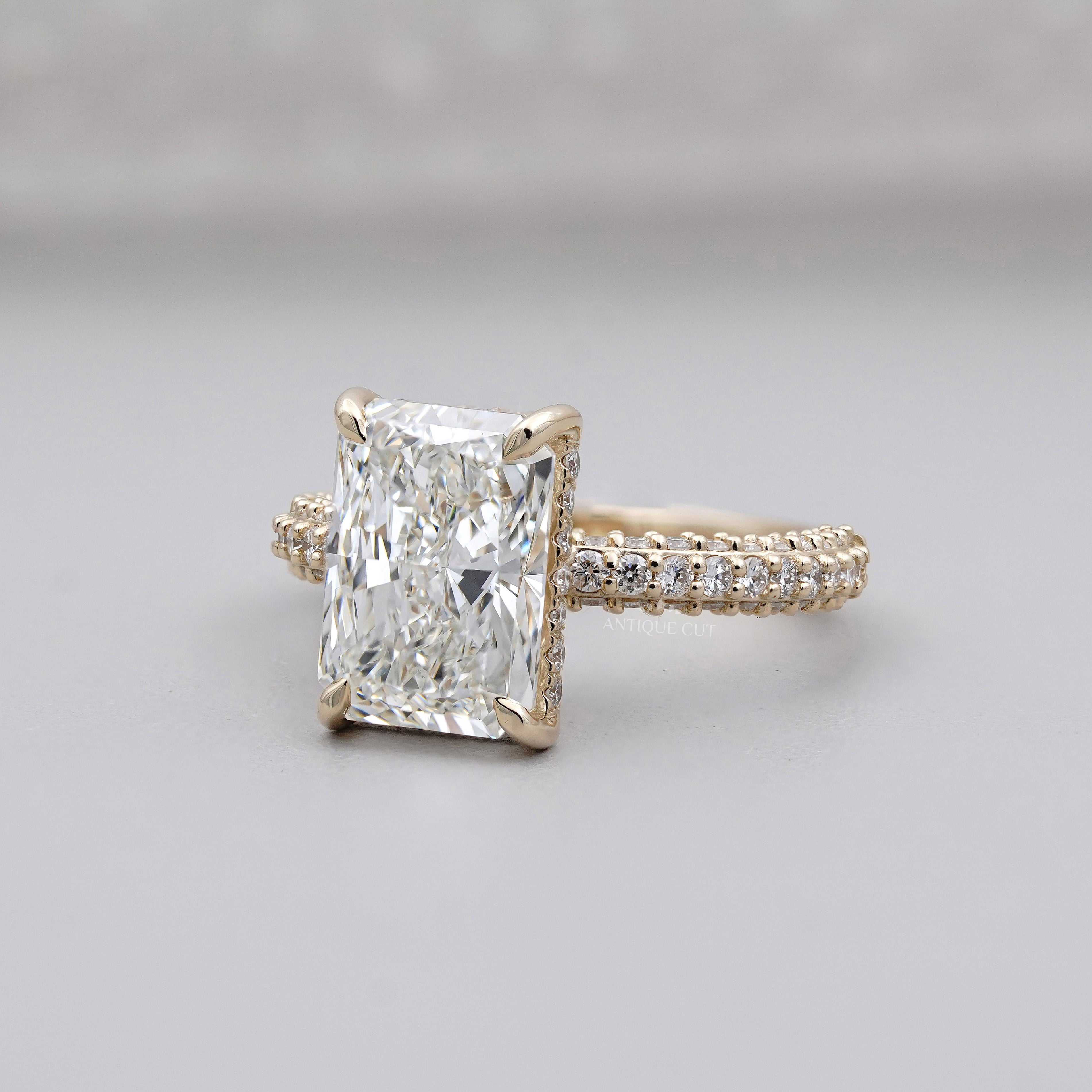 3.43tcw Emerald Lab-Grown Diamond Engagement Ring | Hidden Halo | Pave Band | Ethical Gold Ring