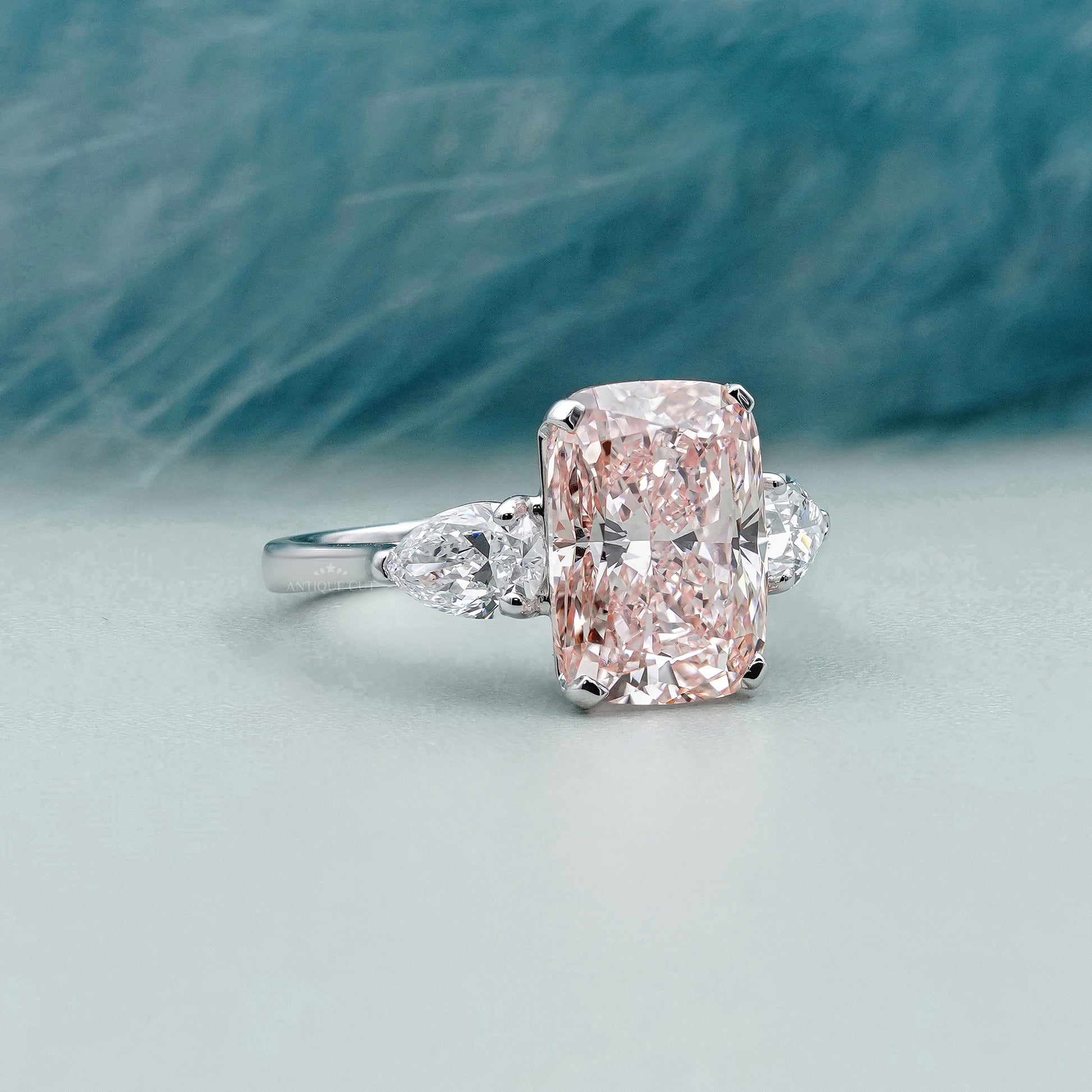 Fancy Pink Cushion 5.30tcw Lab Diamond Engagement Ring | Three Stone | IGI Certified