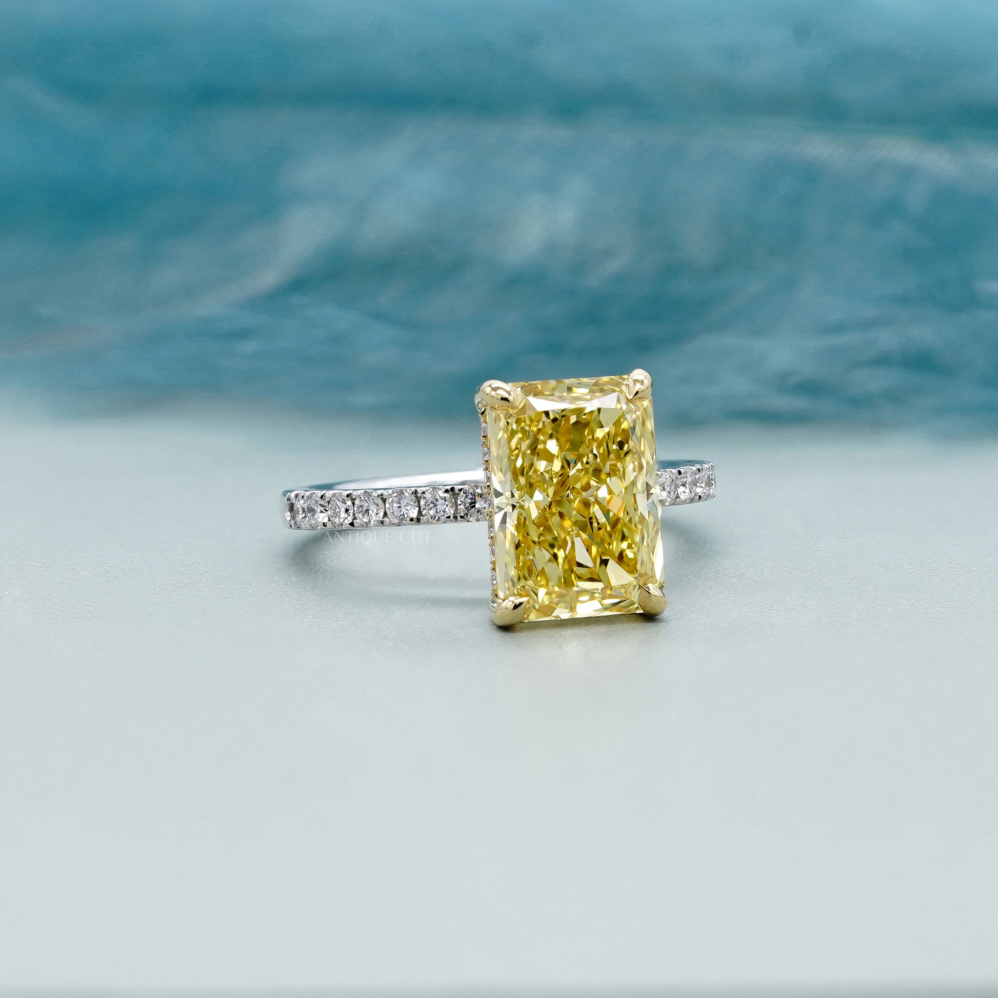 Fancy Yellow 4.40tcw Radiant Lab Diamond Engagement Ring | IGI Certified | White Gold Pave Band
