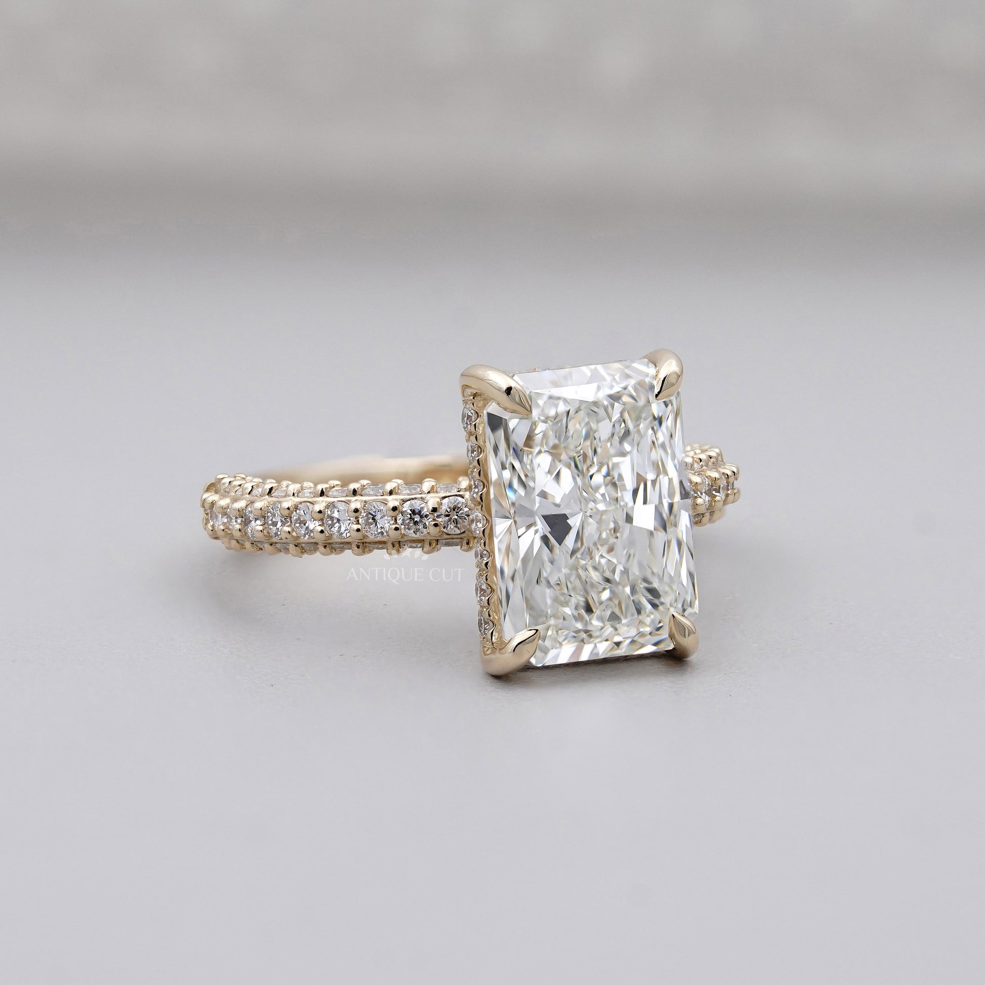 3.43tcw Emerald Lab-Grown Diamond Engagement Ring | Hidden Halo | Pave Band | Ethical Gold Ring