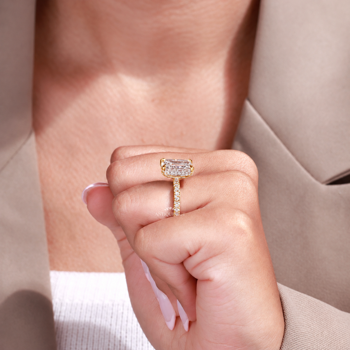 4.00 Carat Radiant Cut Diamond Pave Ring with Hidden Halo | IGI Certified