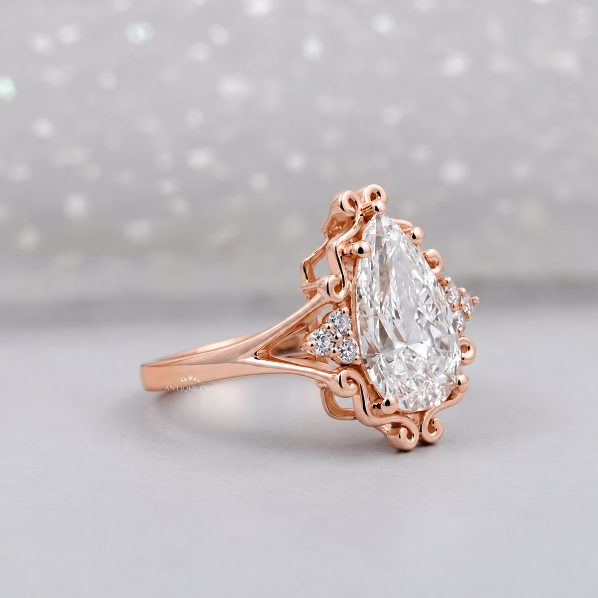 3.5 Carat Lab Grown Pear Cut Vintage Engagement Ring in Yellow Gold