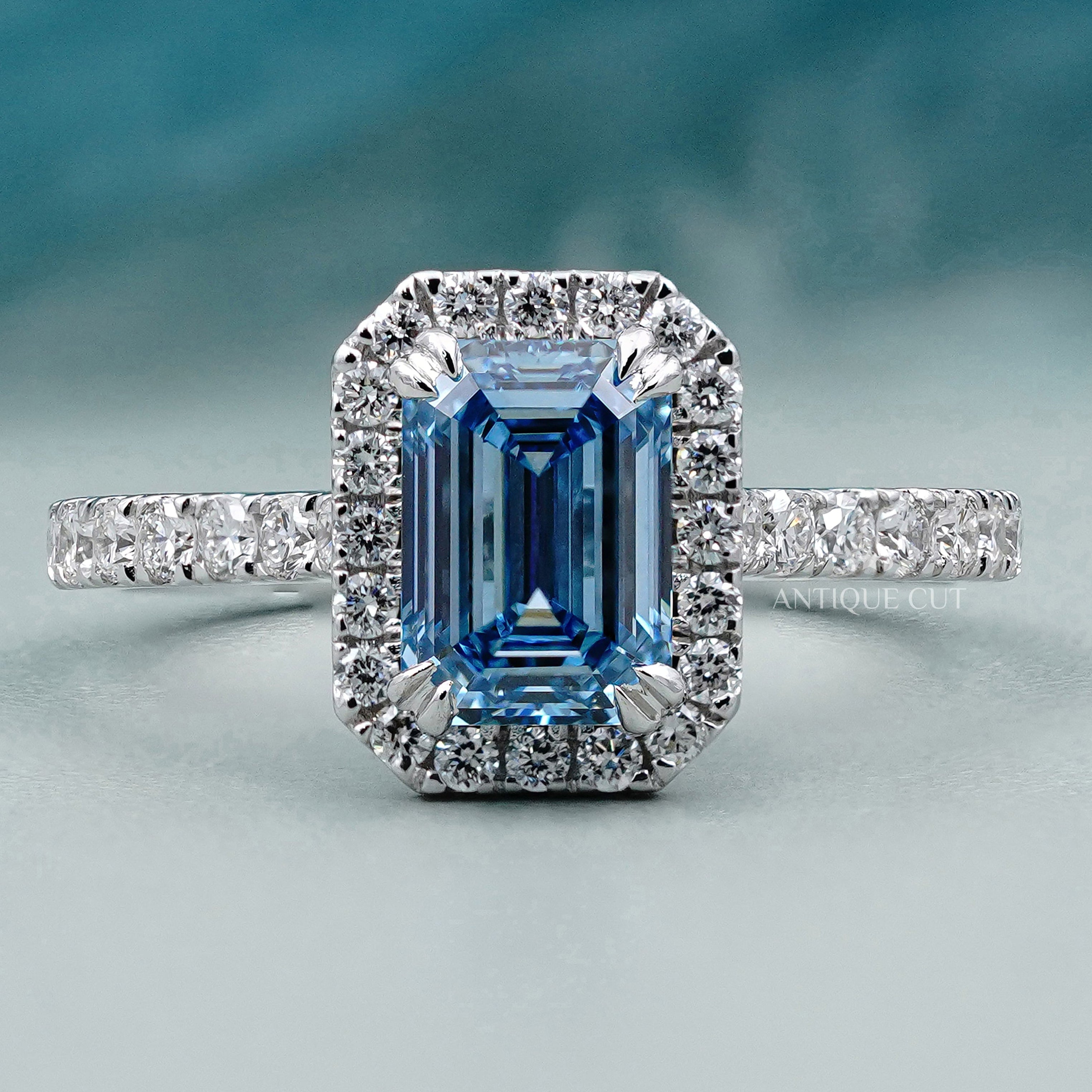 Fancy Blue Diamond Ring emerald halo pave band white gold