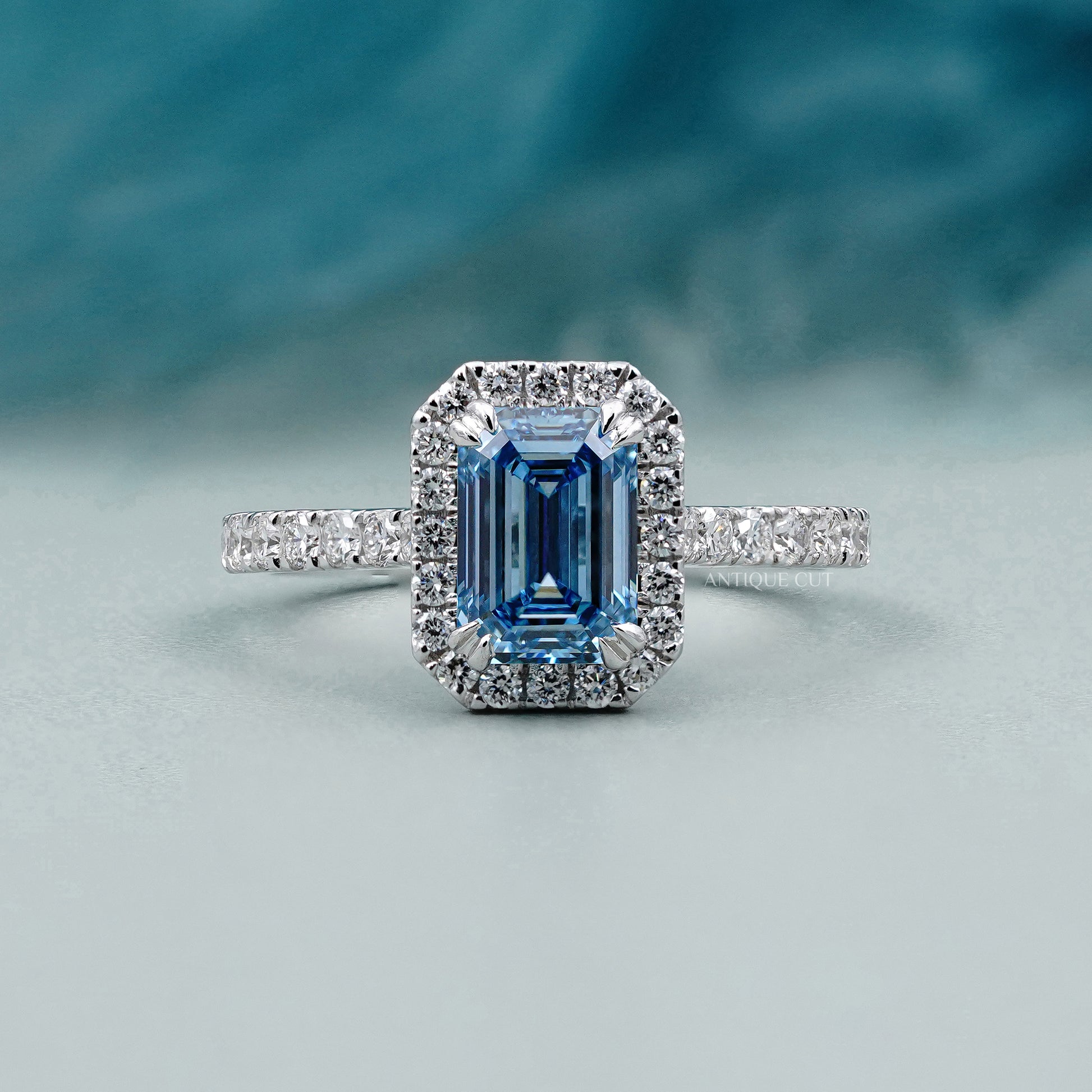 Fancy Blue Diamond Ring emerald halo pave band white gold