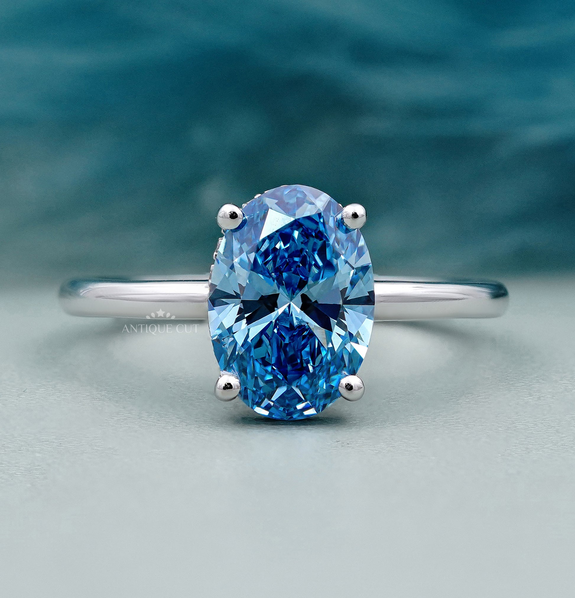 Lab Grown Oval Cut Blue Diamond Engagement Ring