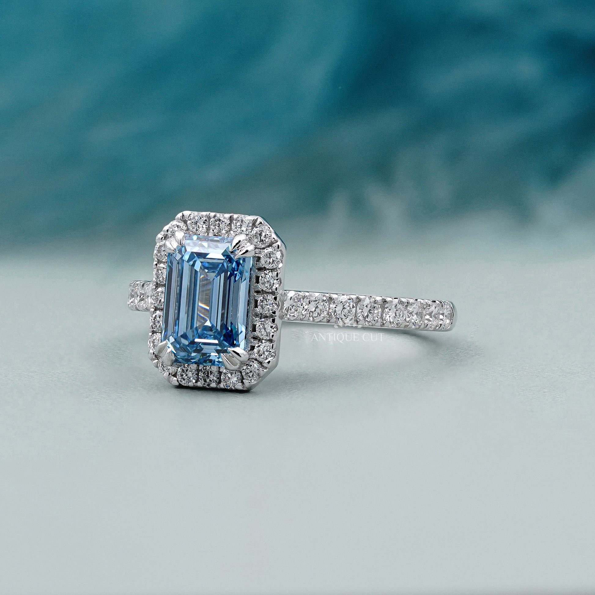 Lab grown fancy blue diamond ring white gold pave band
