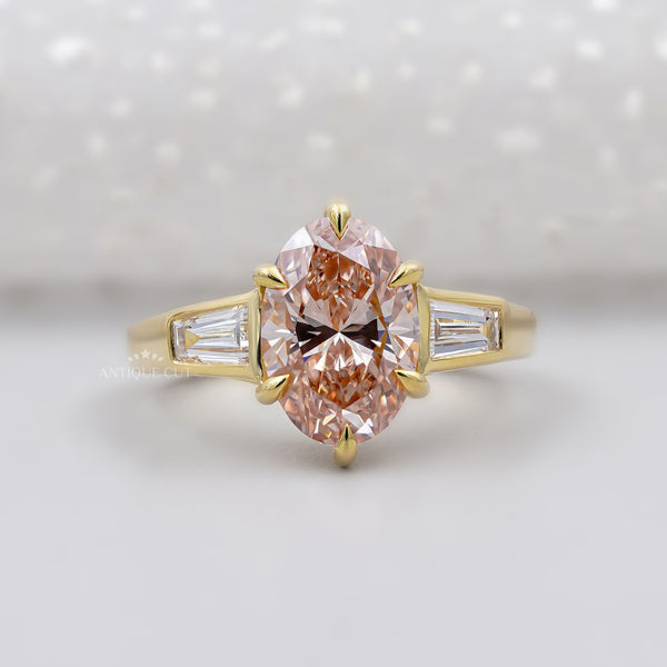 Fancy Pink Oval Diamond Ring Three Stones