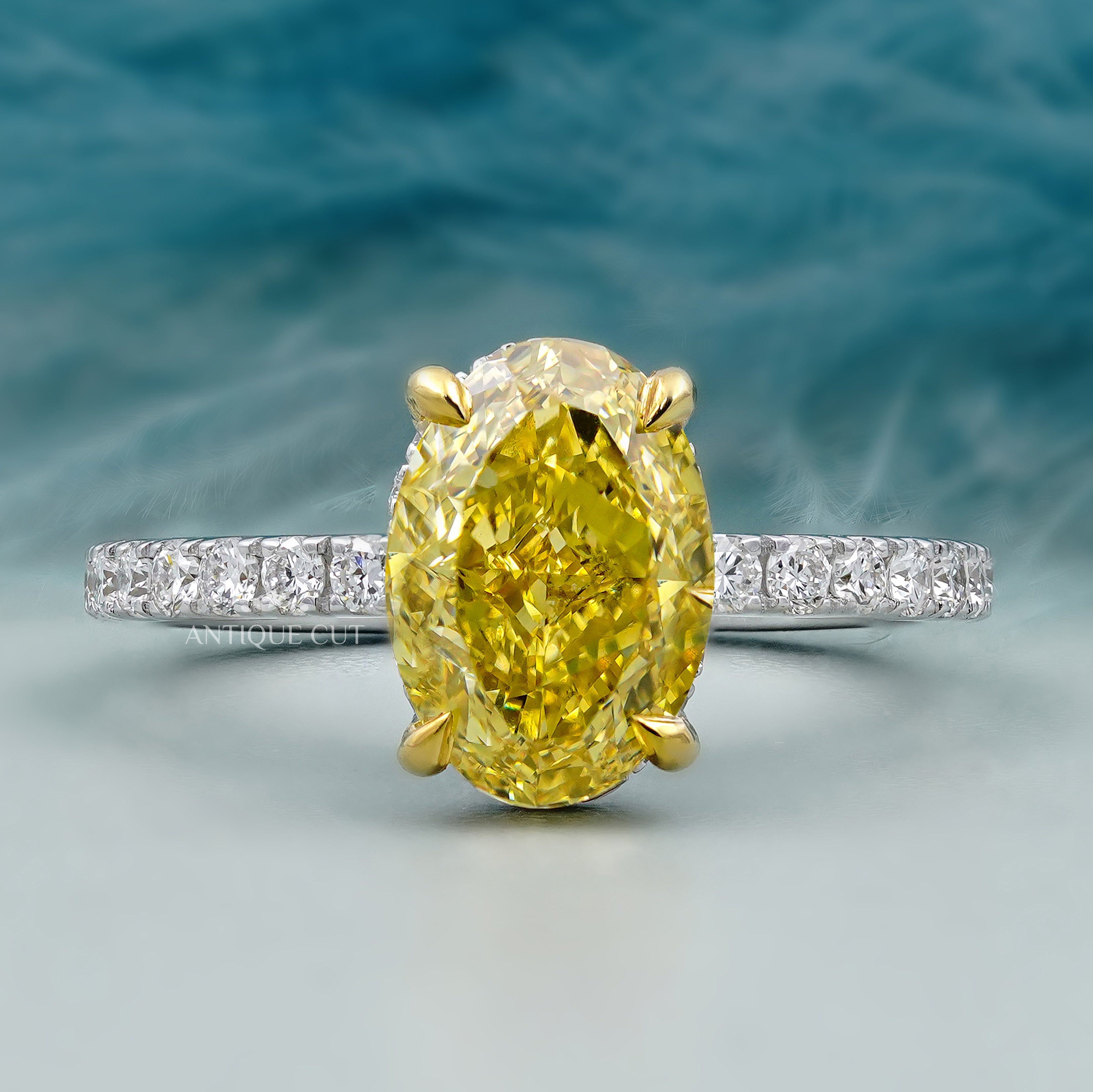 Oval Yellow Diamond Engagement Ring hidden halo pave band
