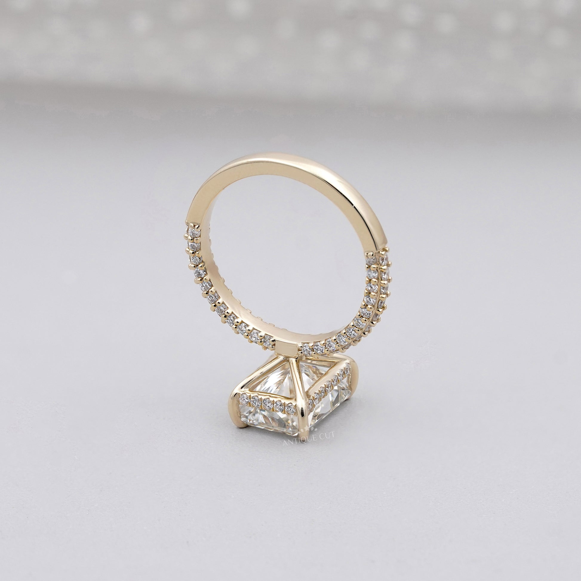 3.43tcw Emerald Lab-Grown Diamond Engagement Ring | Hidden Halo | Pave Band | Ethical Gold Ring