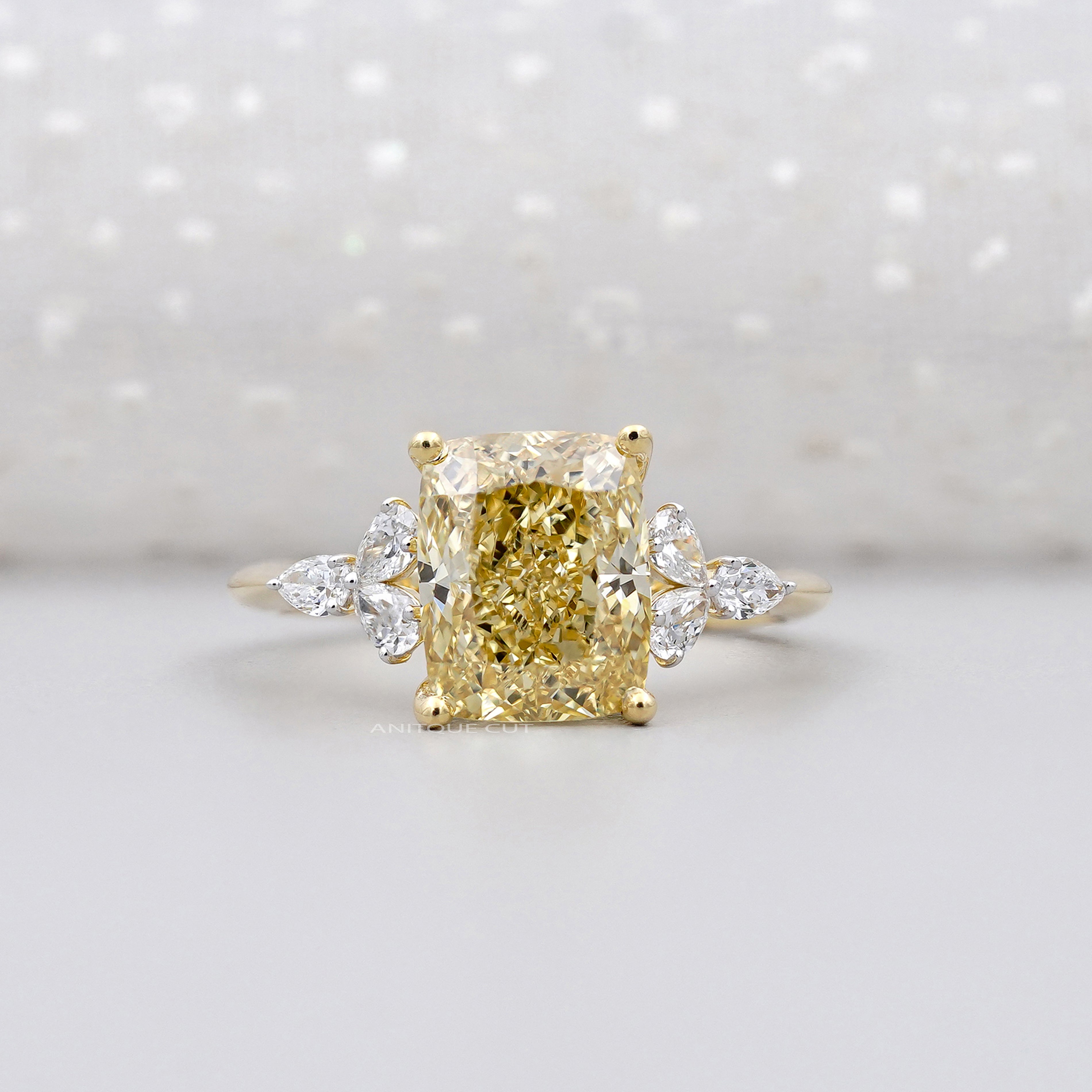 3.30tcw Fancy Yellow Cushion Cut Diamond Engagement Ring | 3.00ct Center | Yellow Gold | Floral Side Diamonds
