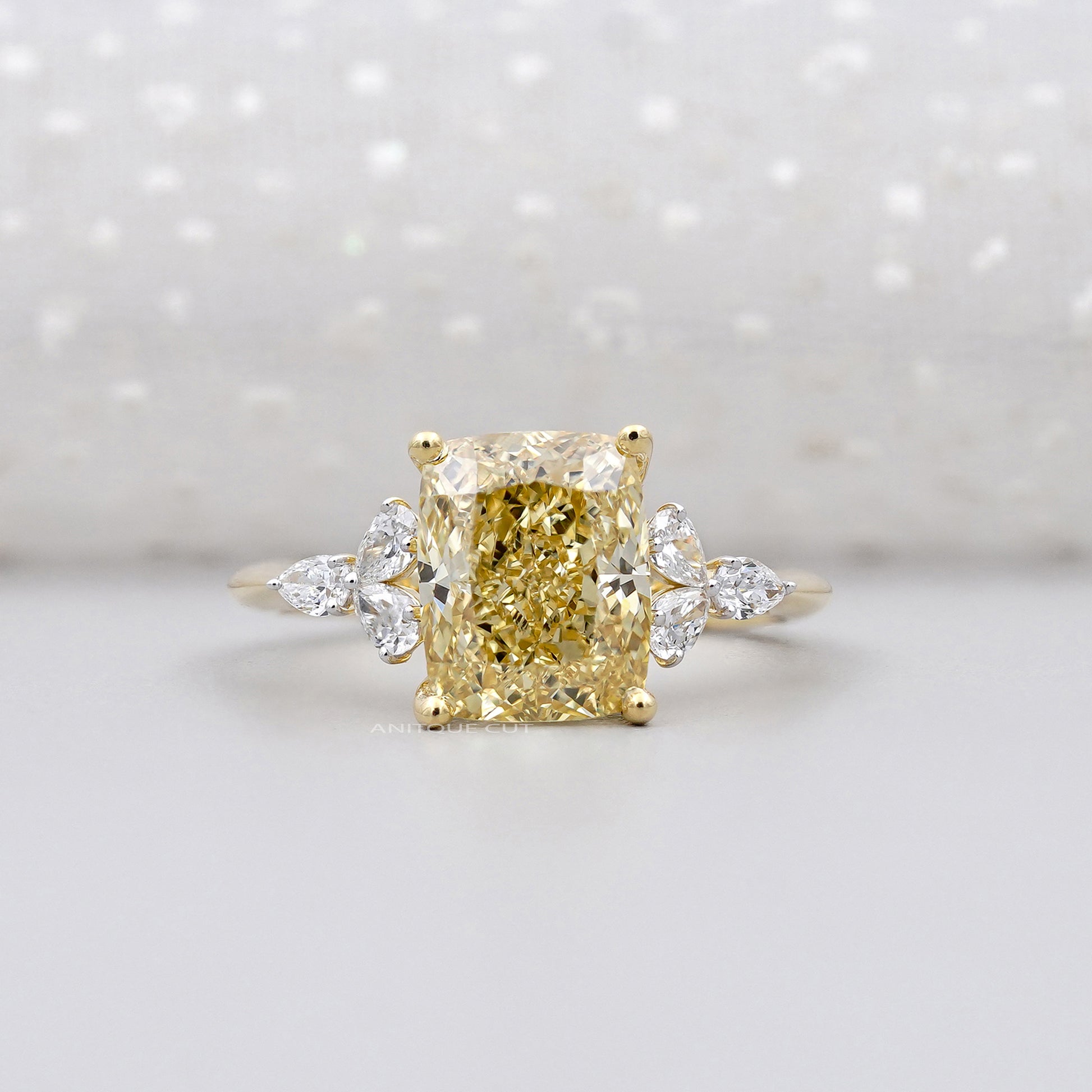 3.30tcw Fancy Yellow Cushion Cut Diamond Engagement Ring | 3.00ct Center | Yellow Gold | Floral Side Diamonds