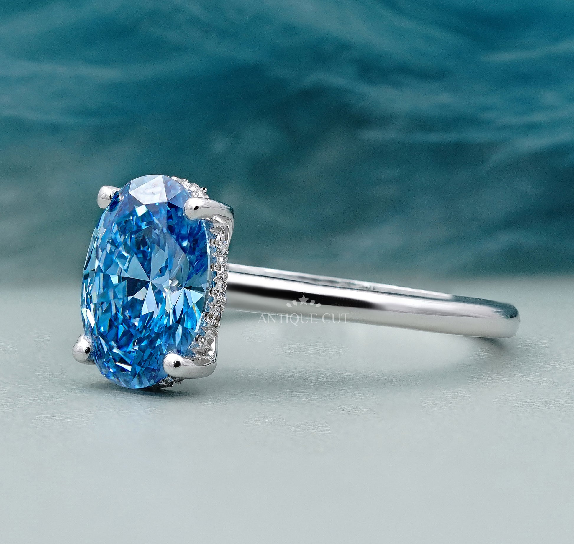 Lab Grown Oval Cut Blue Diamond Engagement Ring