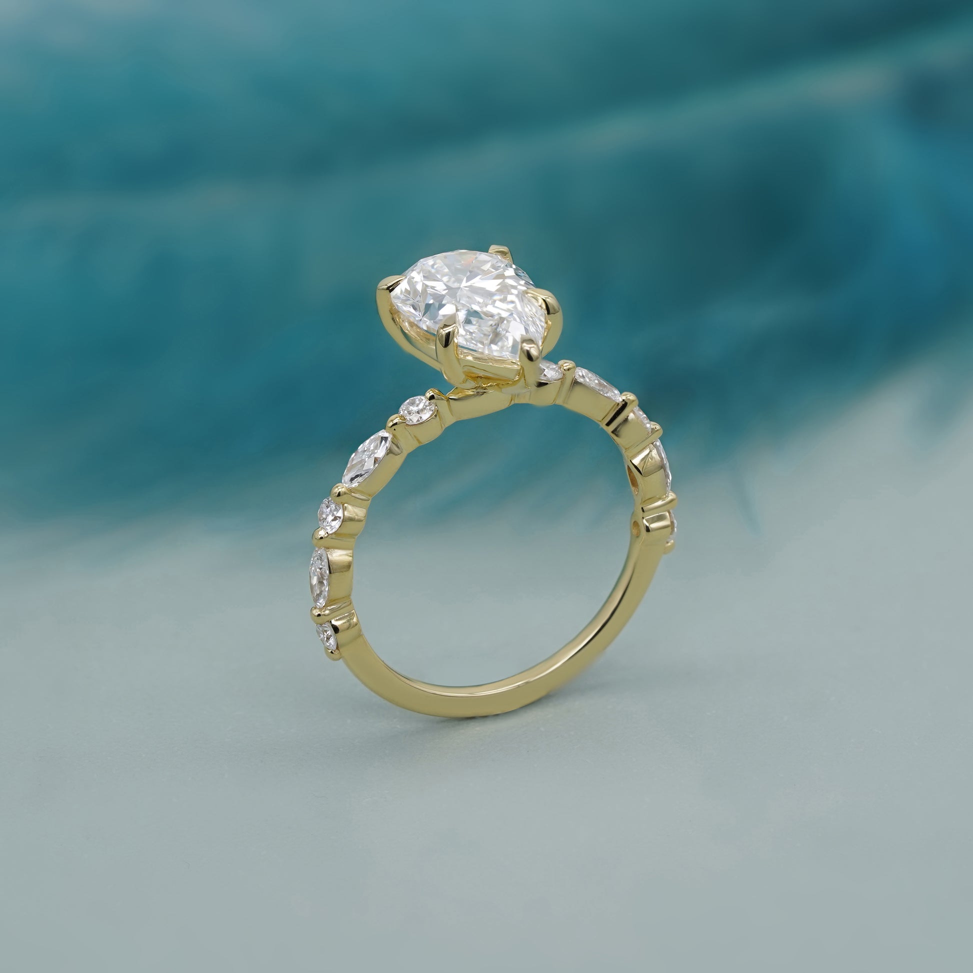 Pear Lab Created Diamond Ring 4.85tcw | Accent Engagement Ring with Marquise and Round Band | IGI Certificate