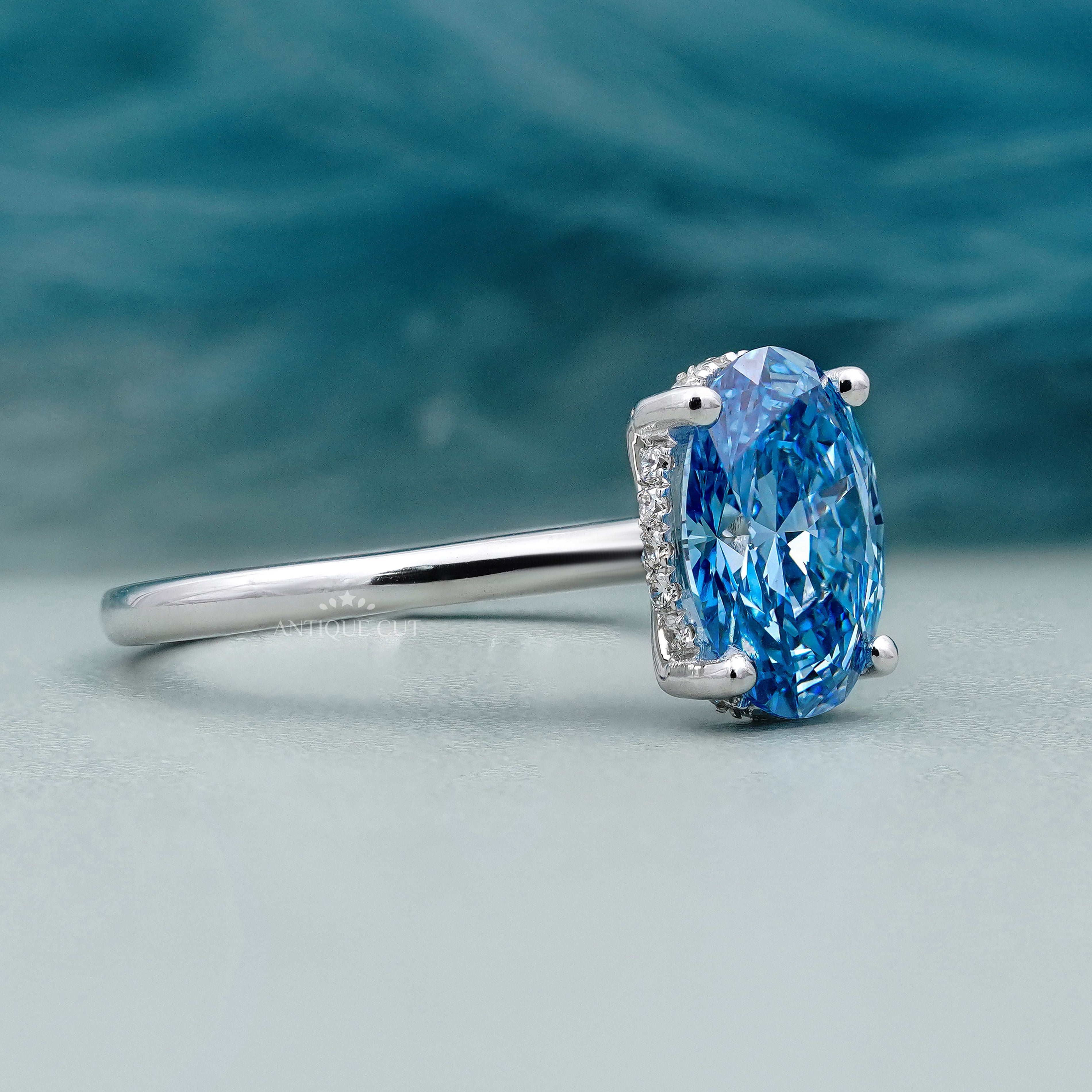 Fancy Blue Diamond Solitaire Ring | Hidden Halo Oval Engagement Ring | IGI Certified