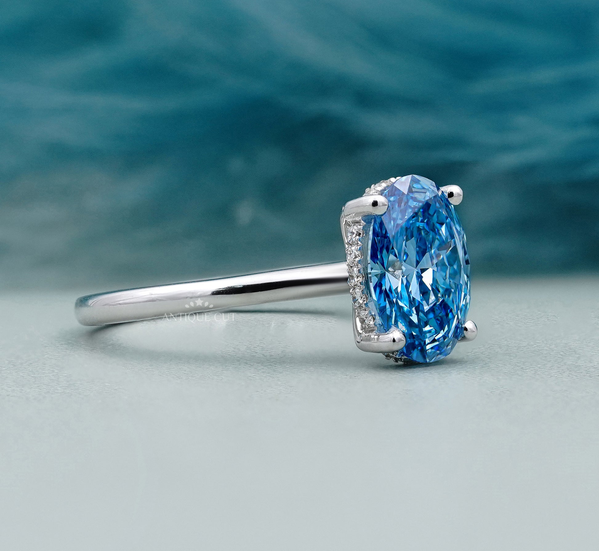 Lab Grown Oval Cut Blue Diamond Engagement Ring