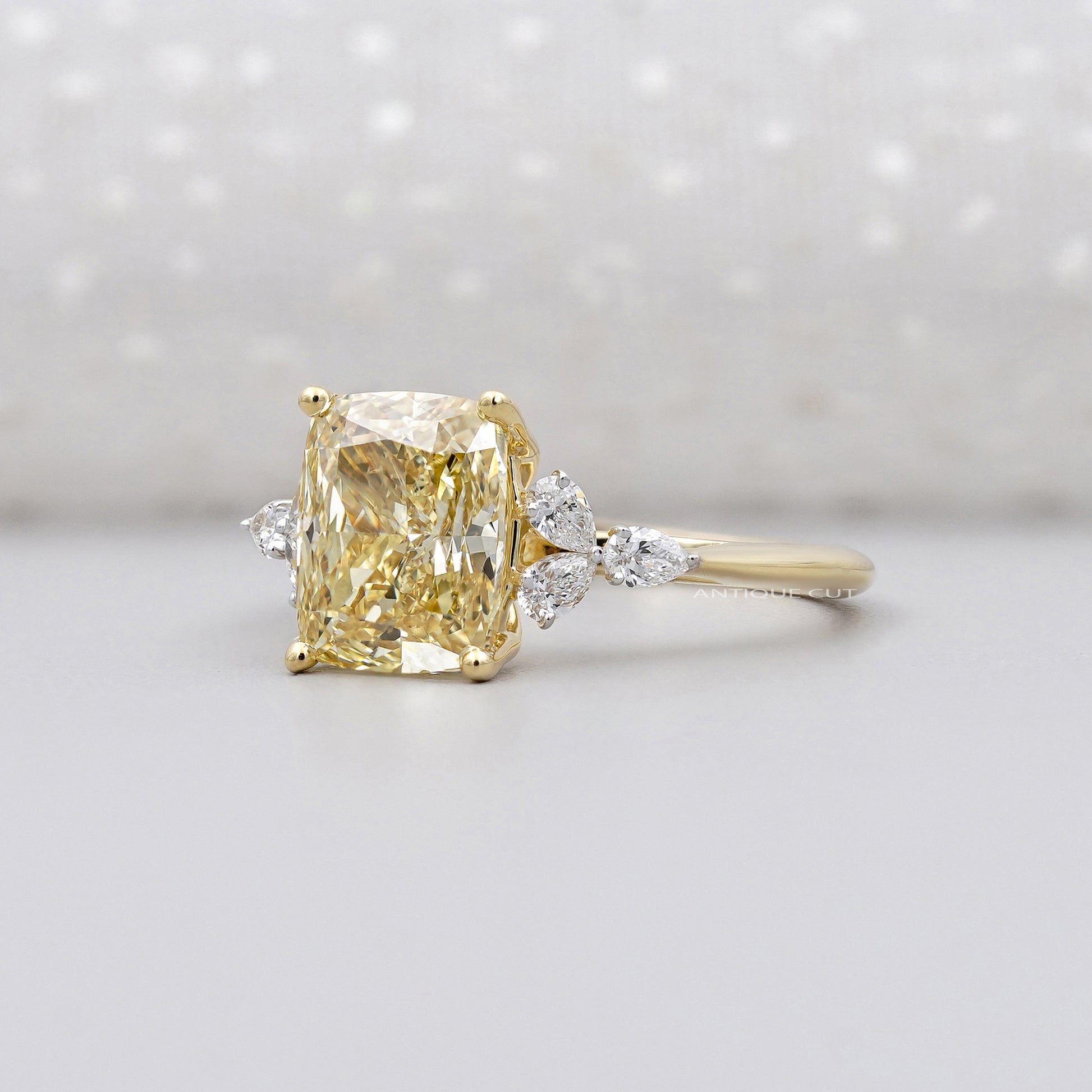 3.30tcw Fancy Yellow Cushion Cut Diamond Engagement Ring | 3.00ct Center | Yellow Gold | Floral Side Diamonds