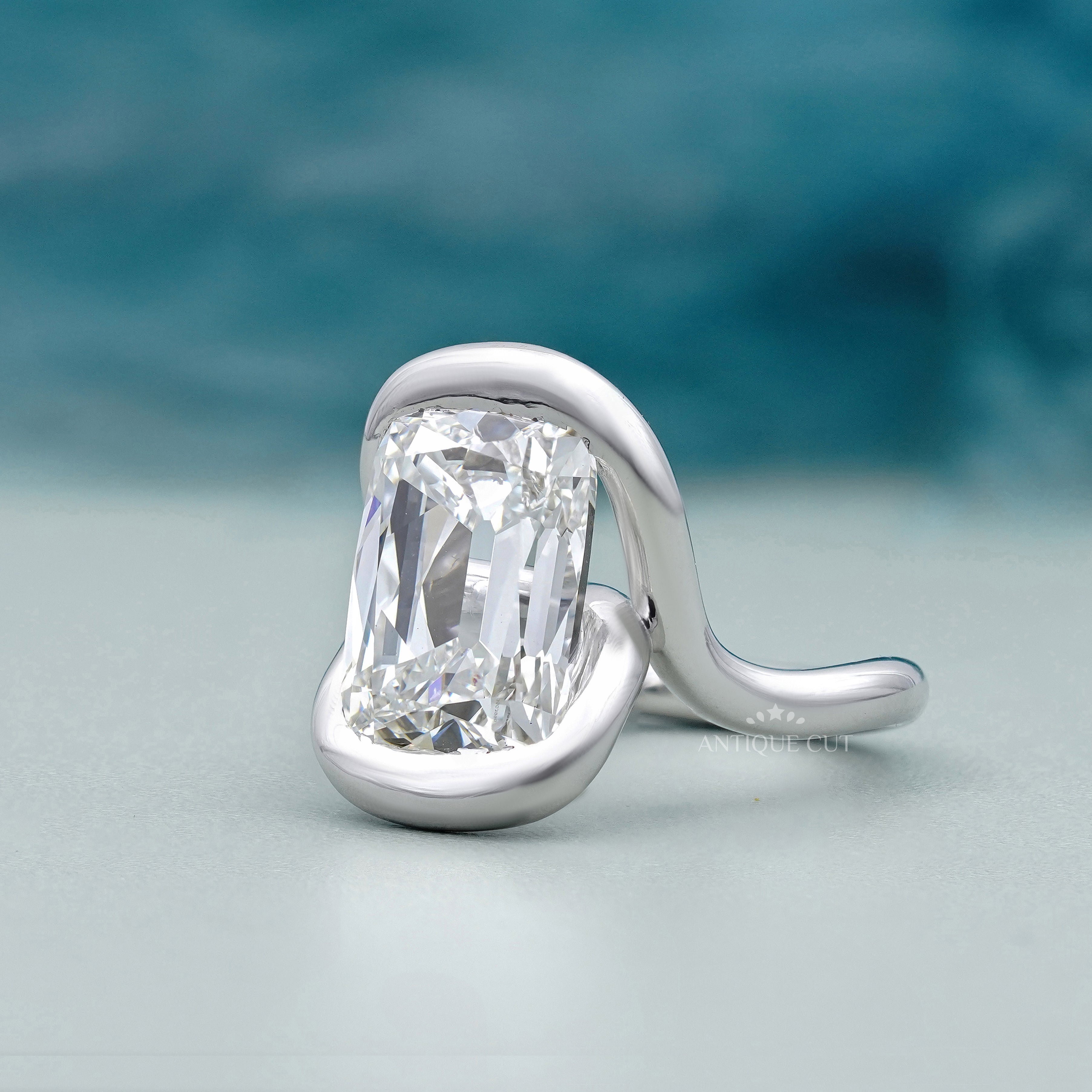 Cushion 5.10ct Lab Grown Diamond Swirl Bezel Ring | Modern Sculptural Setting | DEF Color | VVS–VS Clarity
