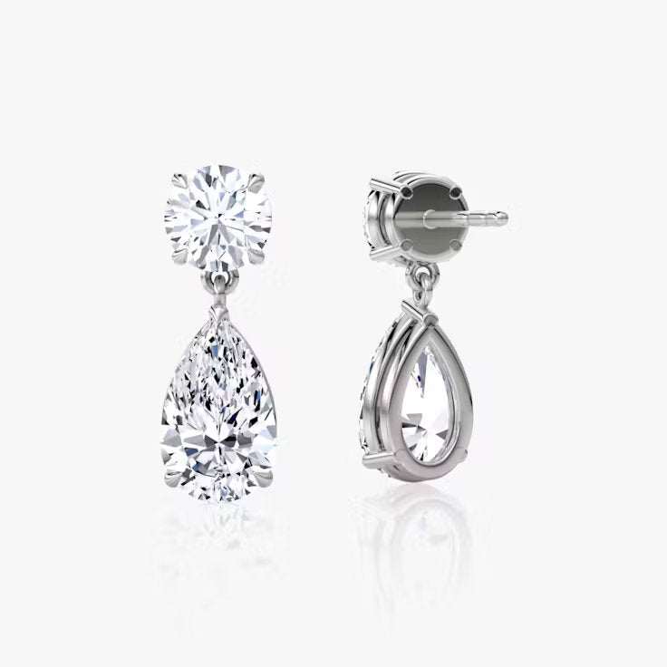 Round and Pear Lab Grown Diamond Duo Drop Push Back Earring, EF Color, VS Clarity, IGI Certified