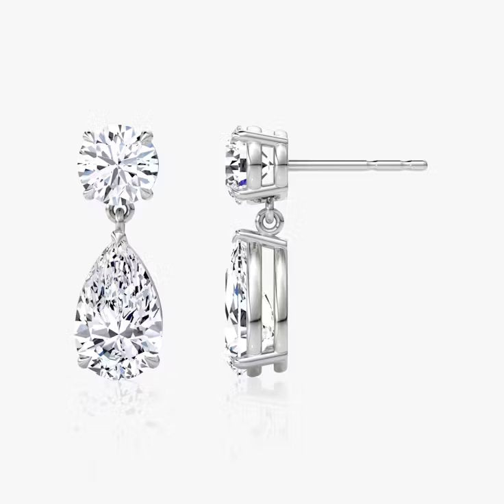 Round and Pear Lab Grown Diamond Duo Drop Push Back Earring, EF Color, VS Clarity, IGI Certified