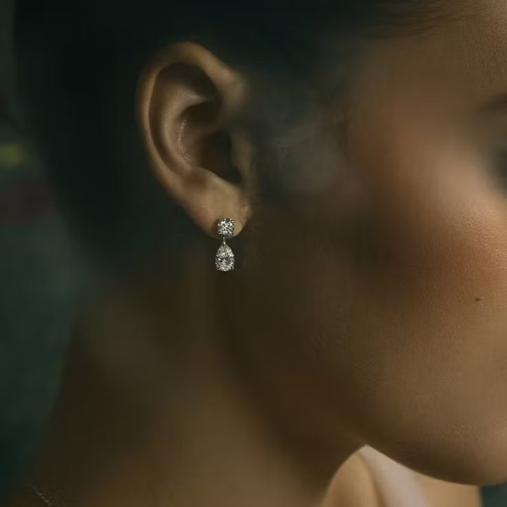 Round and Pear Lab Grown Diamond Duo Drop Push Back Earring, EF Color, VS Clarity, IGI Certified