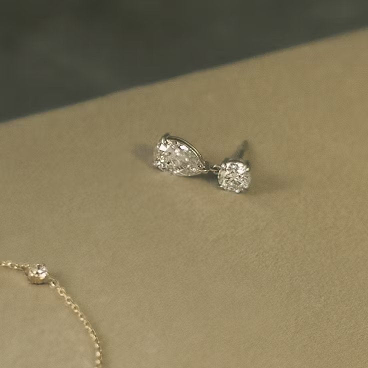 Round and Pear Lab Grown Diamond Duo Drop Push Back Earring, EF Color, VS Clarity, IGI Certified