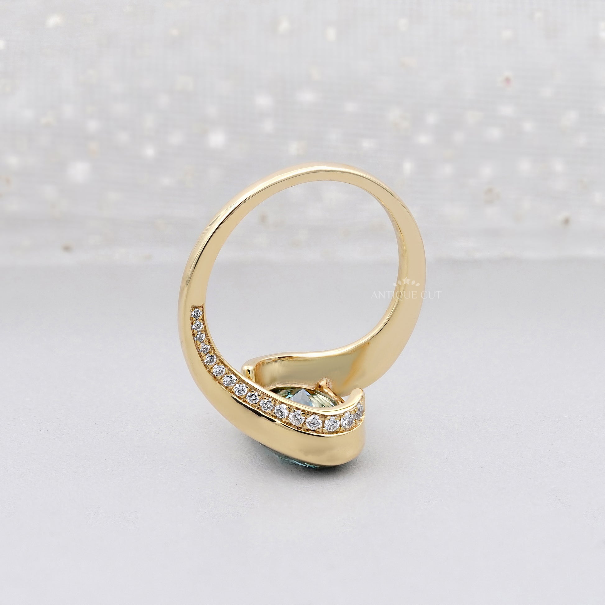 3.00ct Green Lab Grown Diamond Ring with 0.40ct Diamond Accents | Gold Wave Engagement Ring