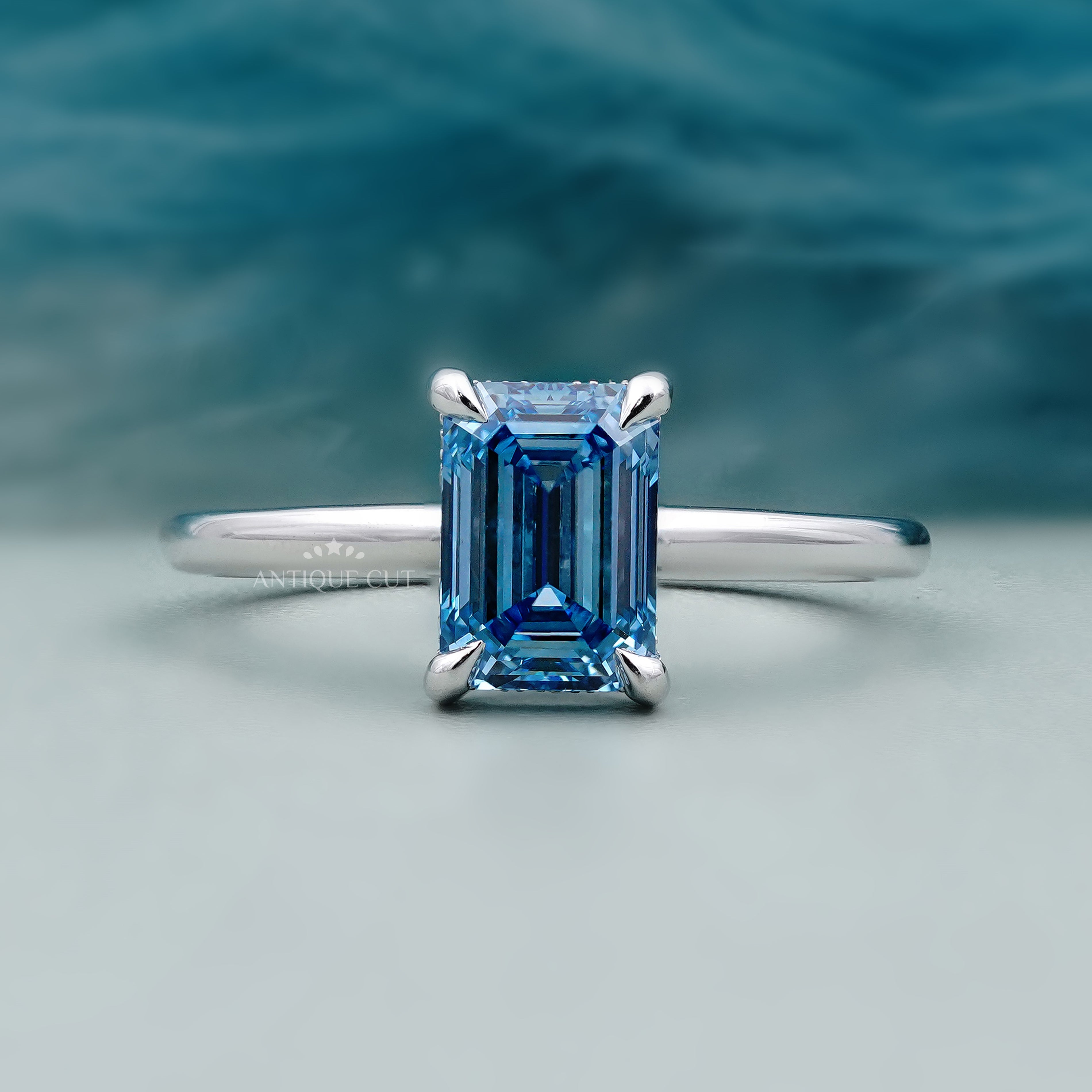 Fancy Blue Diamond Ring | Emerald Solitaire Engagement Ring With 4 Prong Setting | IGI Certified