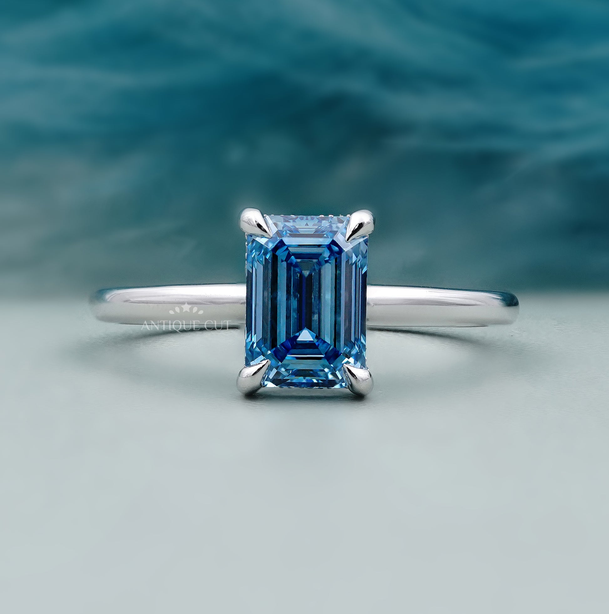 Lab Grown Blue Diamond Emerald Cut Engagement Ring