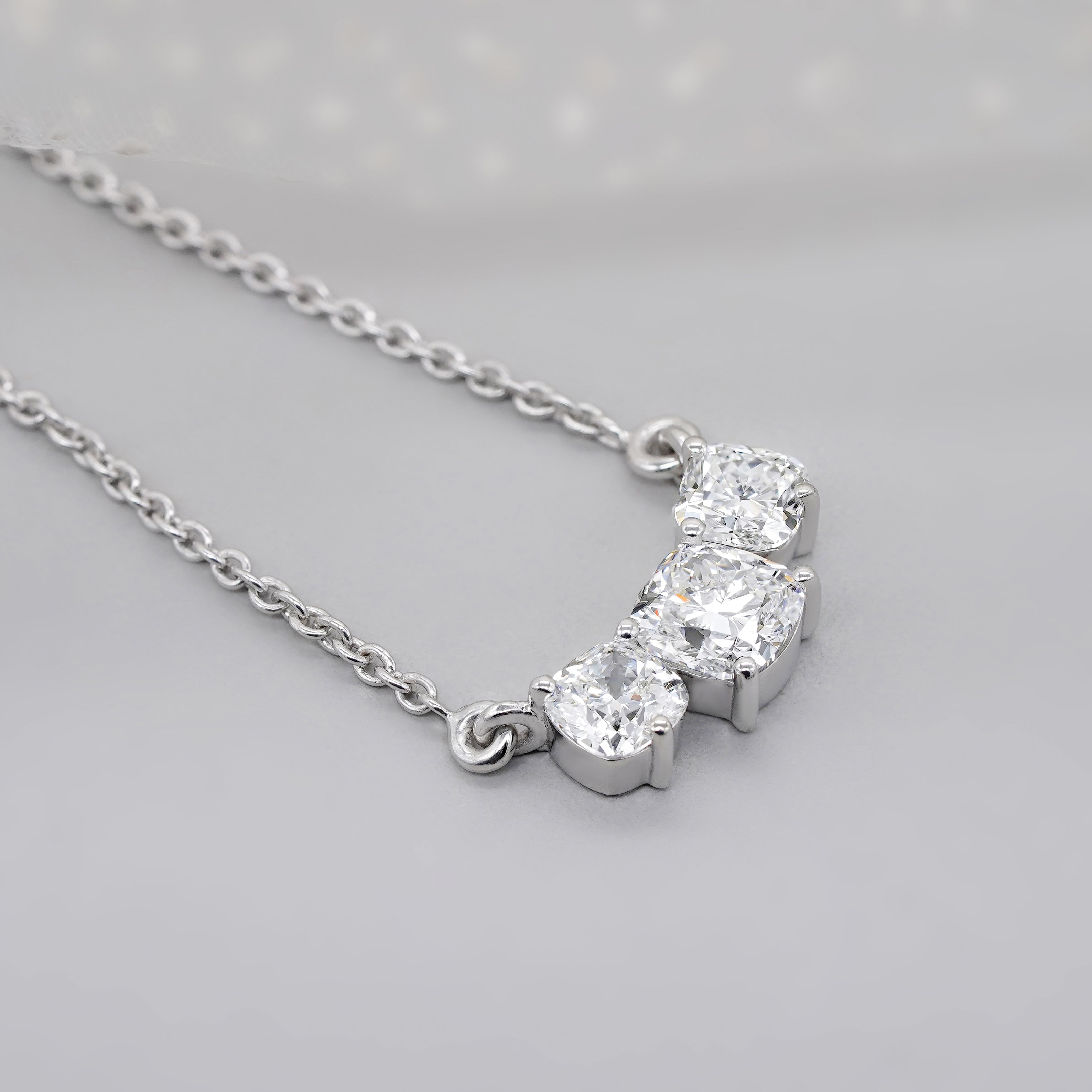 2.30tcw Lab Grown Diamond Basket Set Pendant Necklace | Three Stone Cushion-Cut | D-E-F Color | VVS-VS Clarity | IGI Certified