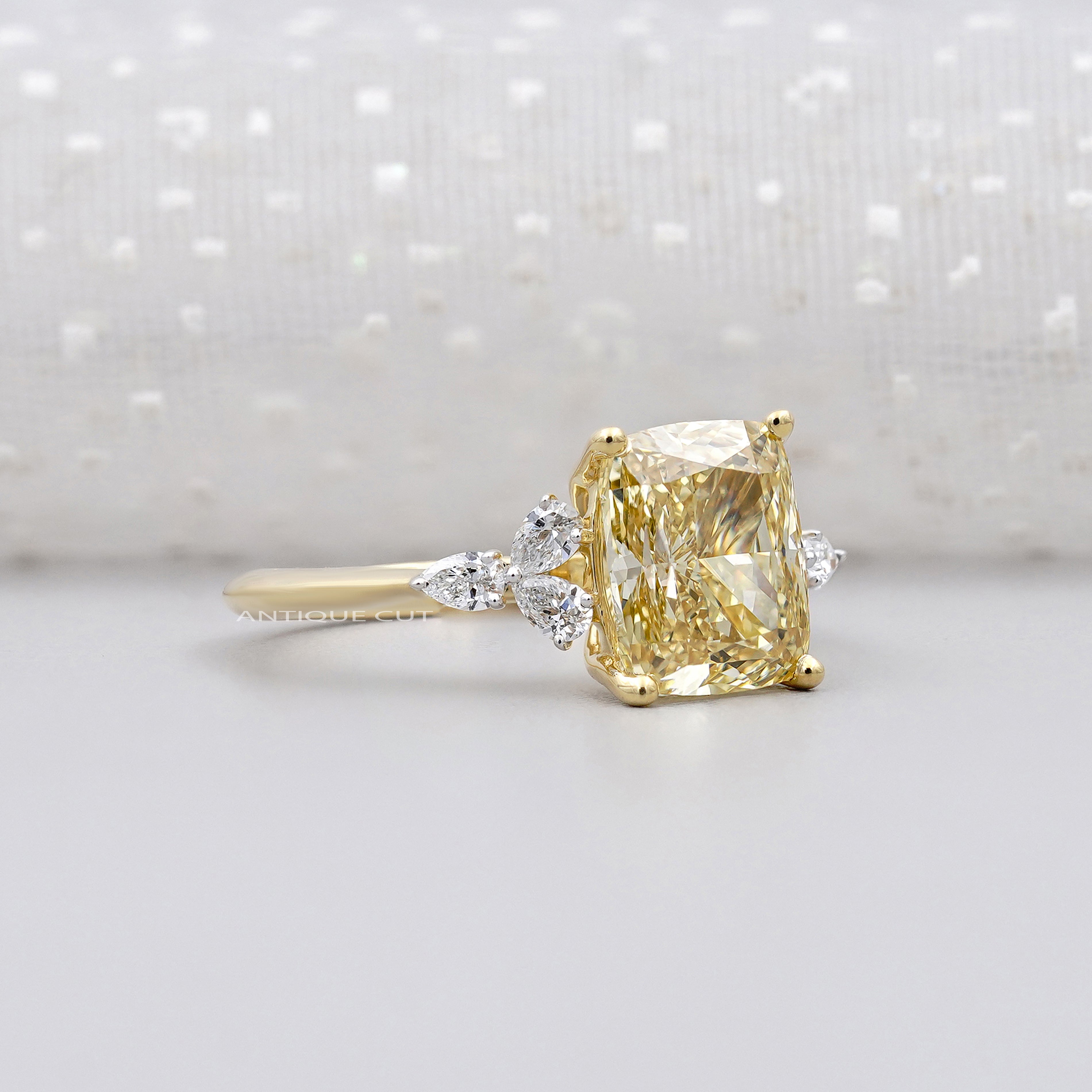3.30tcw Fancy Yellow Cushion Cut Diamond Engagement Ring | 3.00ct Center | Yellow Gold | Floral Side Diamonds