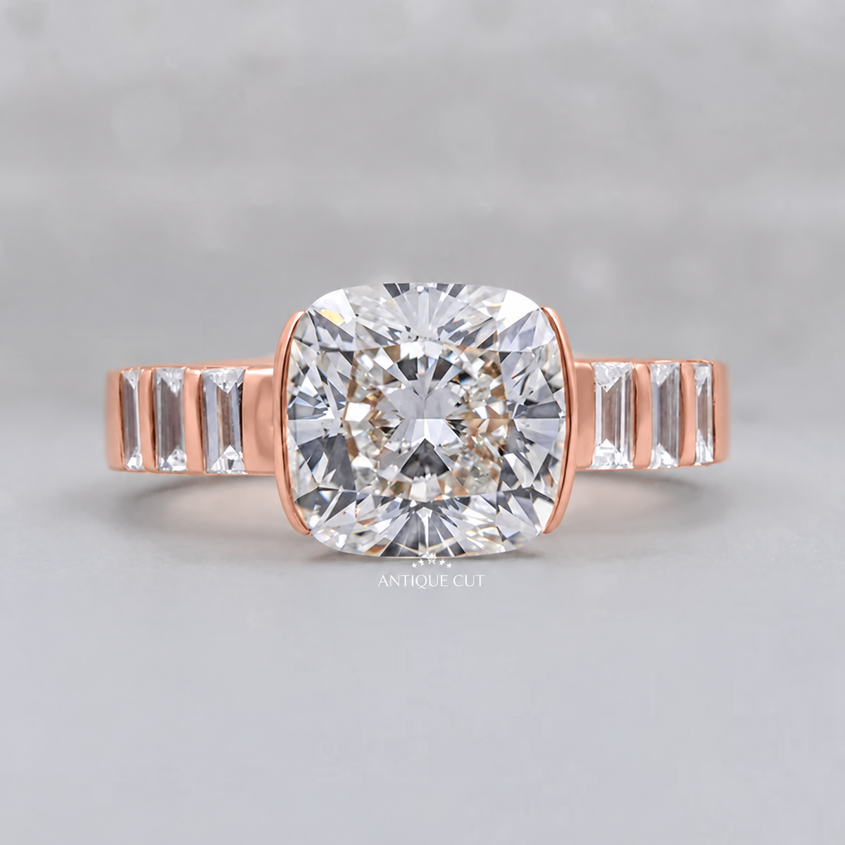 4.0 Carat Lab Grown Diamond East West Cushion Cut Half Bezel Engagement Ring