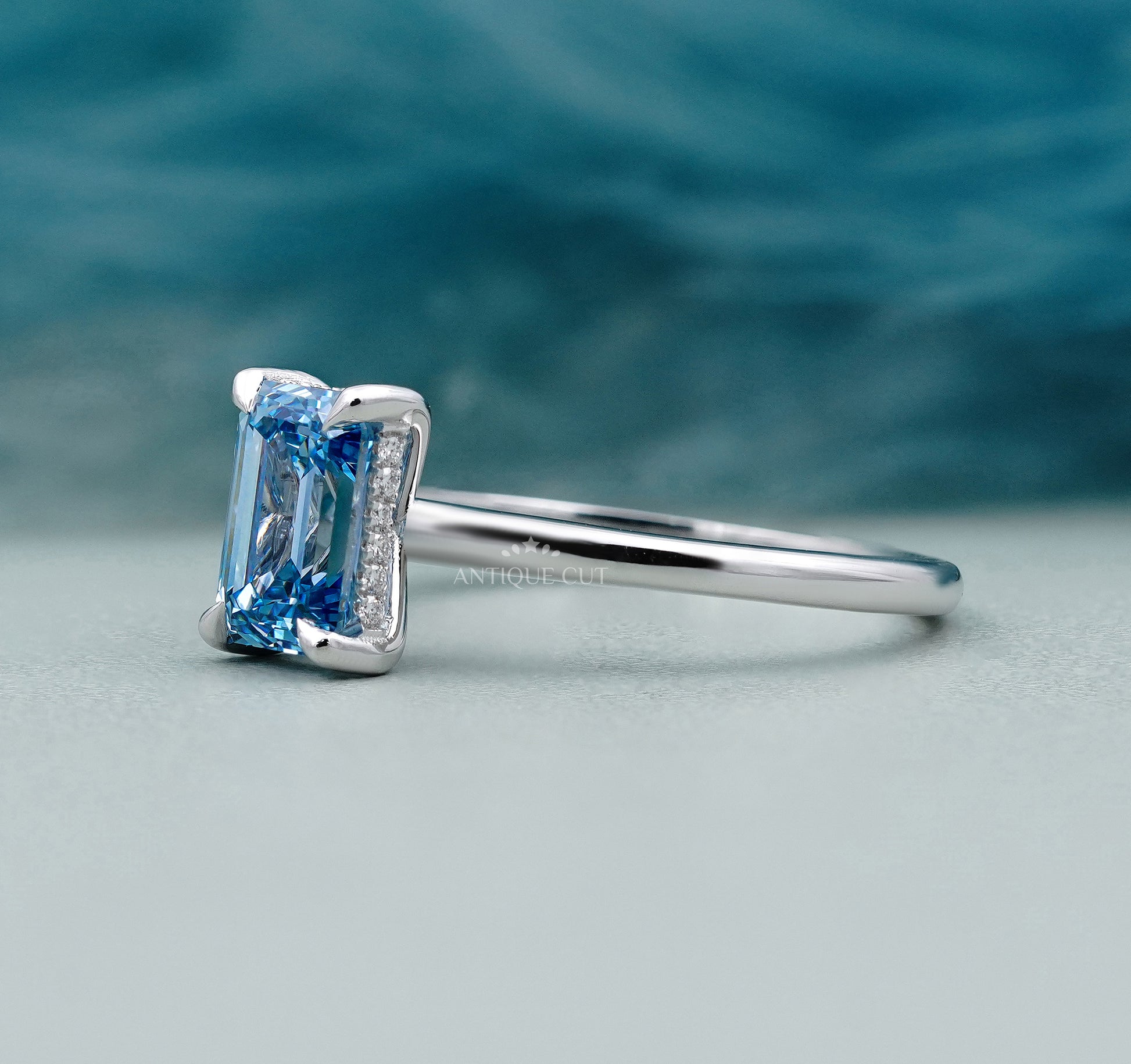 Lab Grown Blue Diamond Emerald Cut Engagement Ring