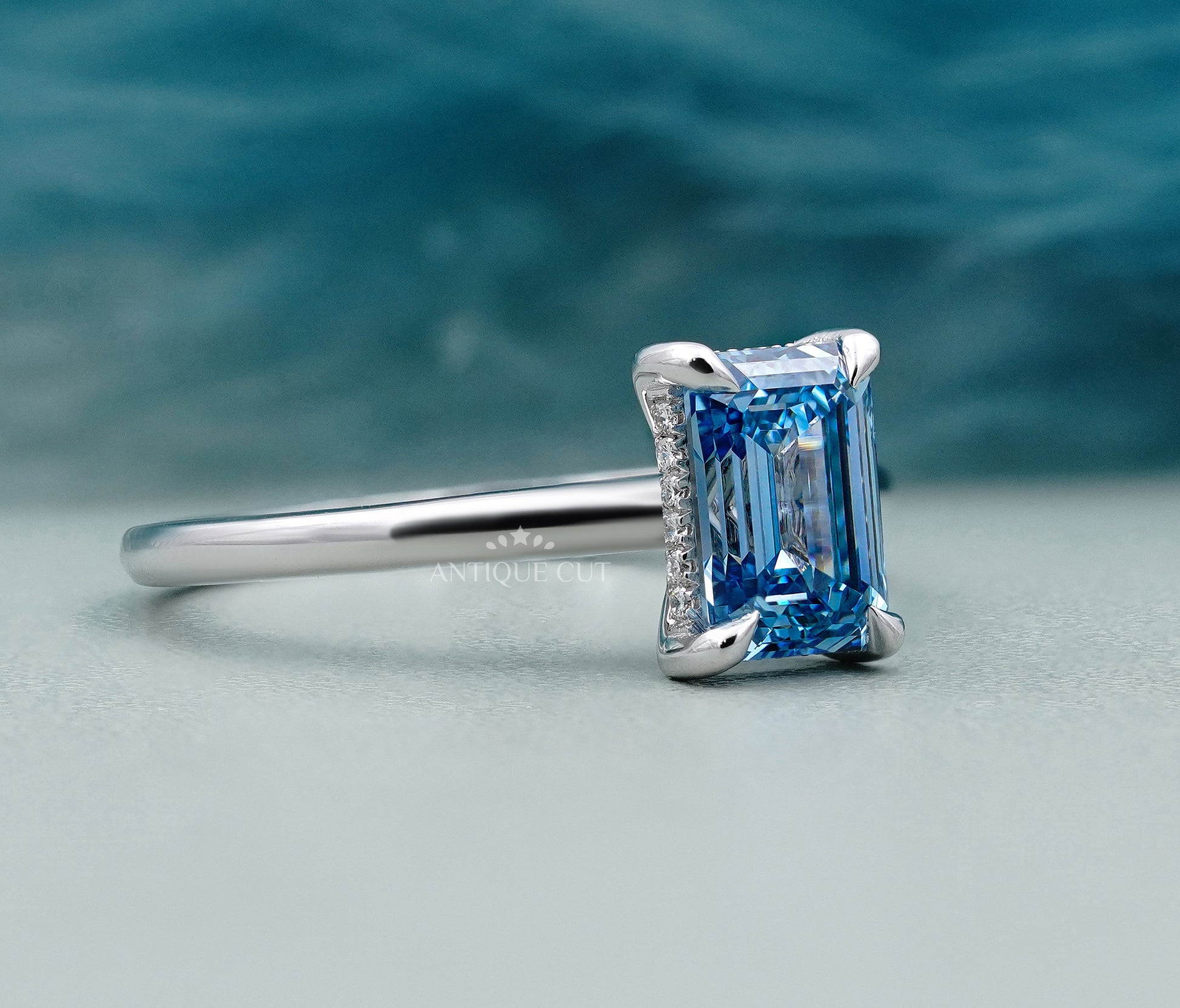 Lab Grown Blue Diamond Emerald Cut Engagement Ring