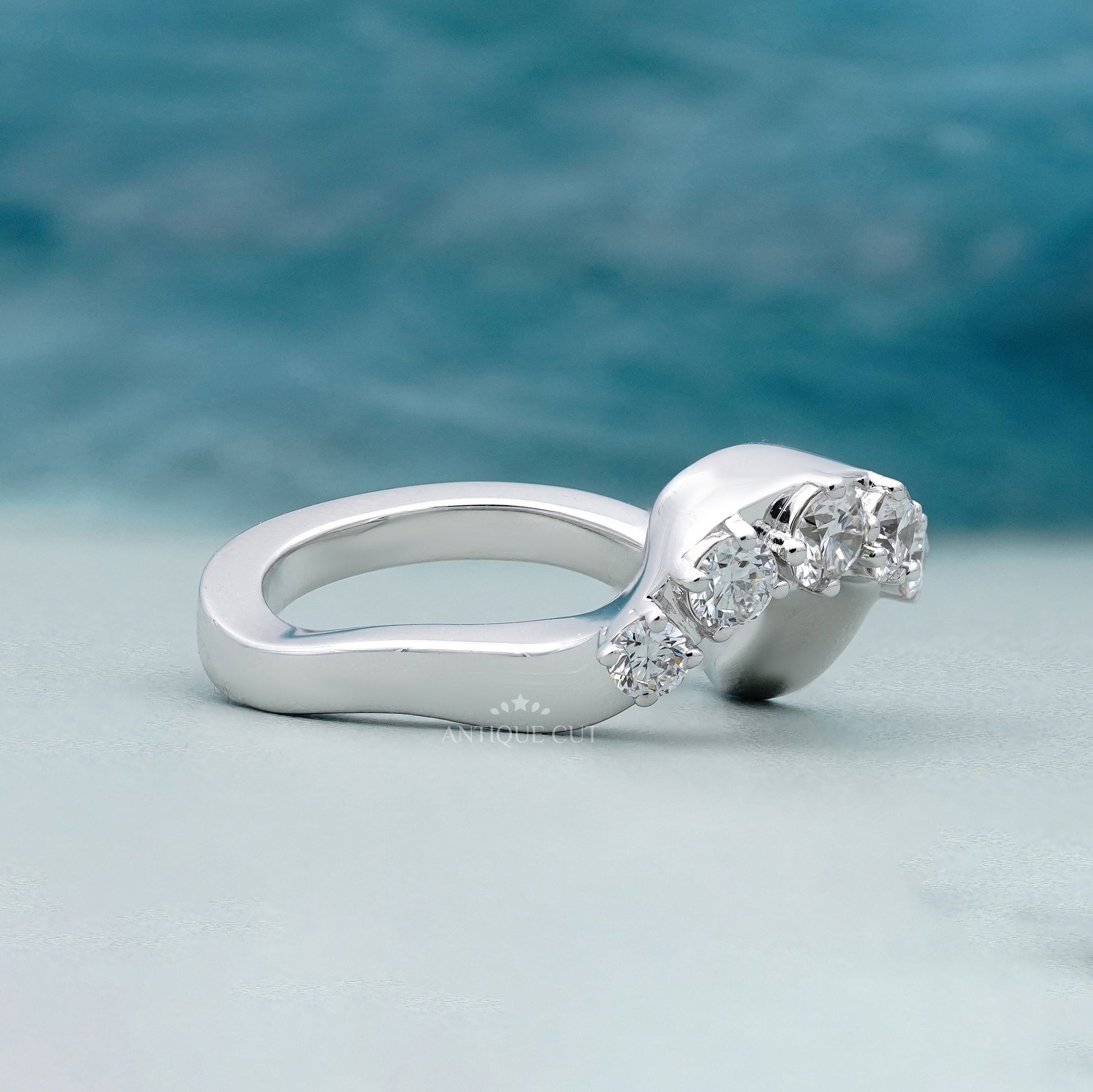 Round 0.70tcw Diamond Curved Band | Sculptural Wave Ring | Gold Contour Wedding Band