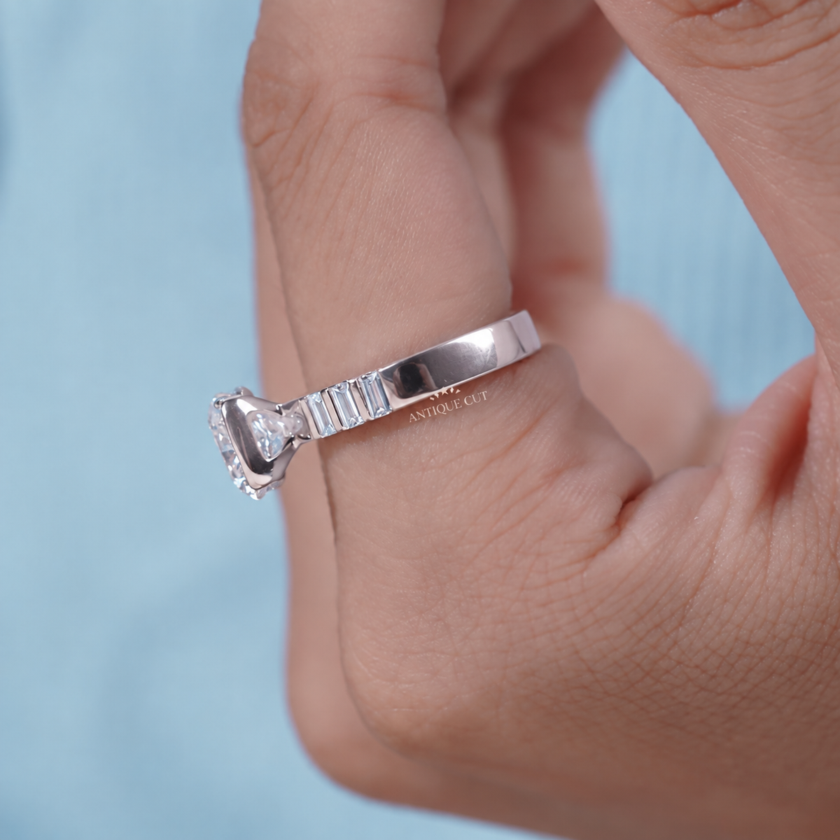 4.0 Carat Lab Grown Diamond East West Cushion Cut Half Bezel Engagement Ring