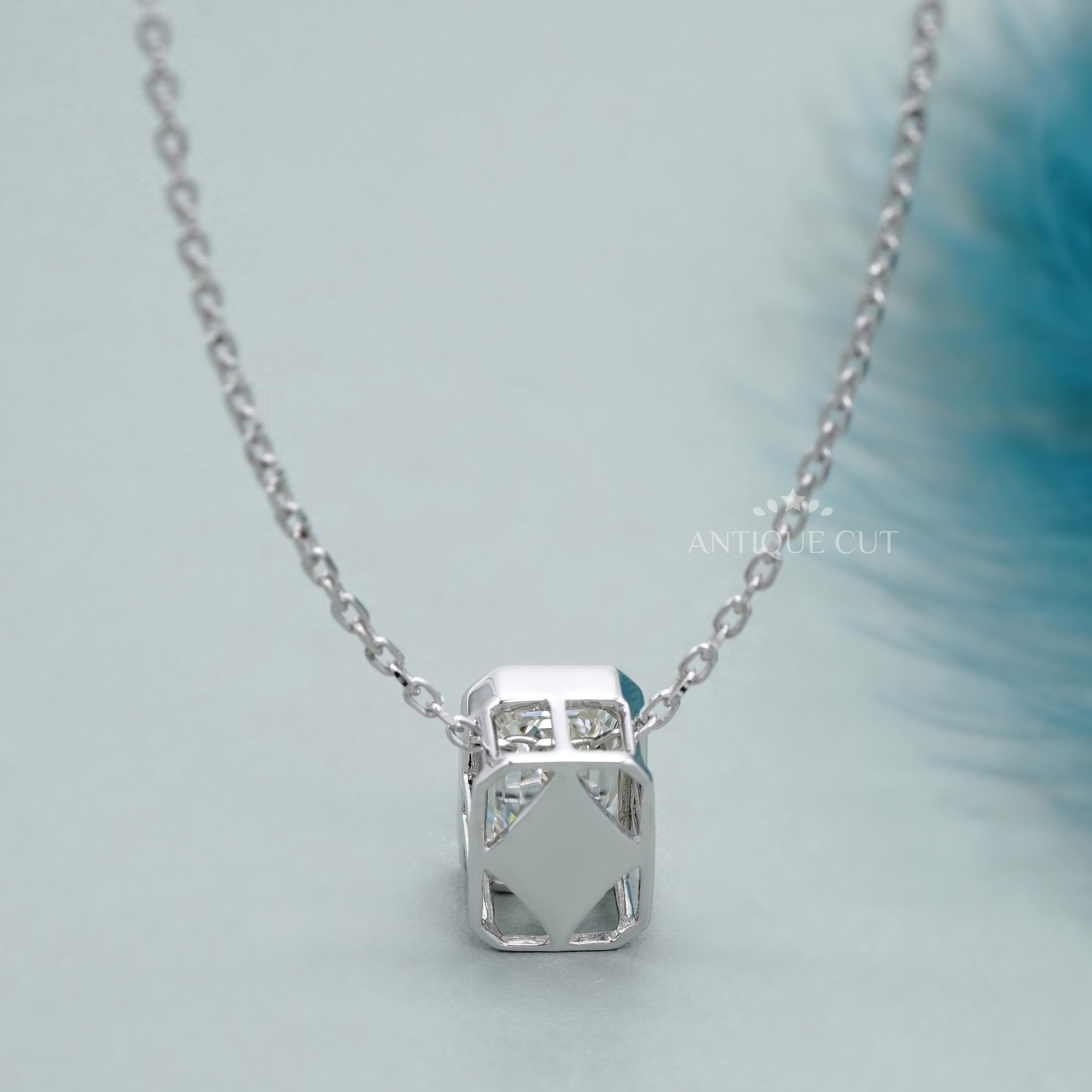 Antiquecut bezel emerald cut diamond pendant